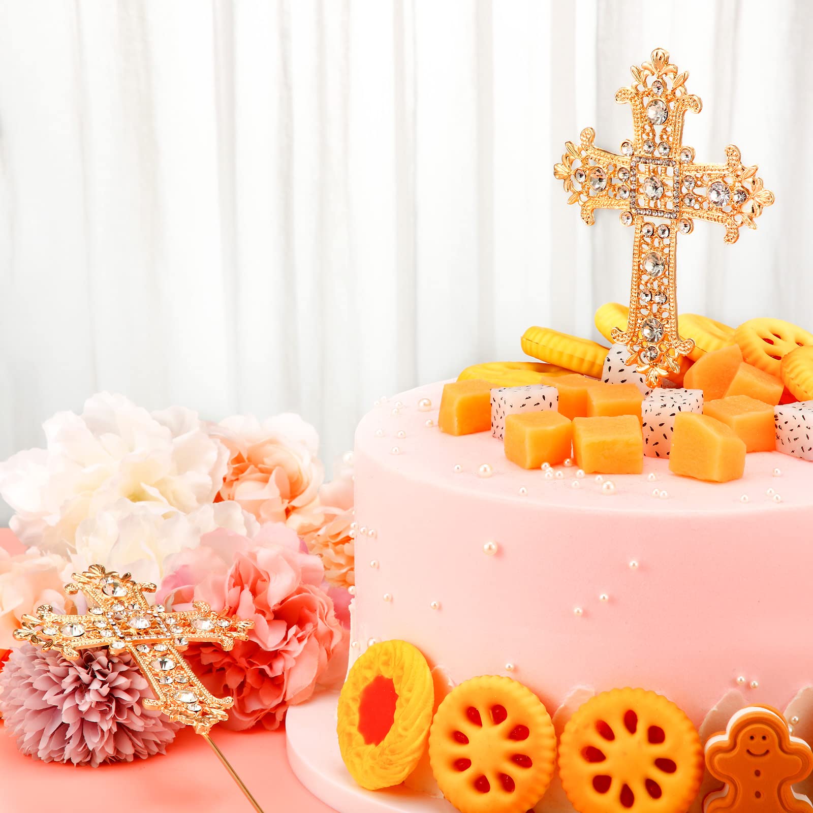 3-Piece Gold Rhinestone Cross Cake Topper Set - Elegant Crystal Religious Cake Decor for Baptism, First Communion, Christening & Wedding Celebrations - Perfect for Church Events & Special Occasions