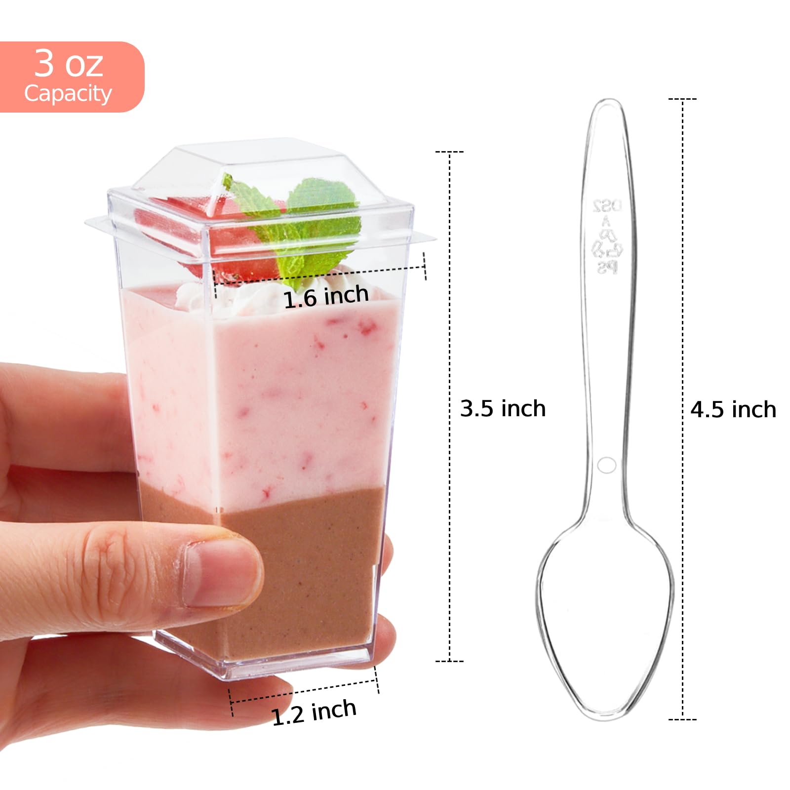 Zezzxu 50-Pack 3 oz Mini Plastic Dessert Cups with Lids & Spoons - Square Shooter Glasses for Appetizers, Parfaits, Mousse, Trifle, Fruit Pudding | Perfect for Parties, Catering & Home Dessert Serving