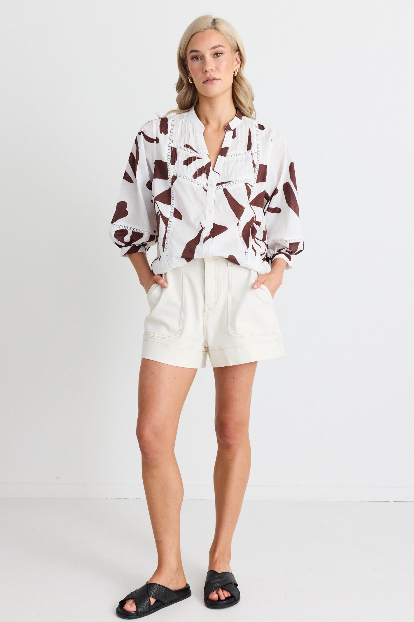 Elegant Chocolate Brown Lace Insert Pintuck Short Sleeve Blouse for Women - Perfect for Office Wear, Parties & Special Occasions