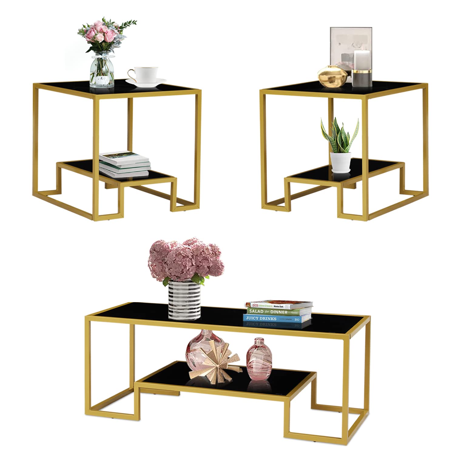 Modern Brass & Black Coffee Table Set with Storage Shelf - 2-Tier Tempered Glass Center Table & Side Tables for Living Room - Elegant Accent Furniture for Home Decor, Small Spaces & Entertaining Guests
