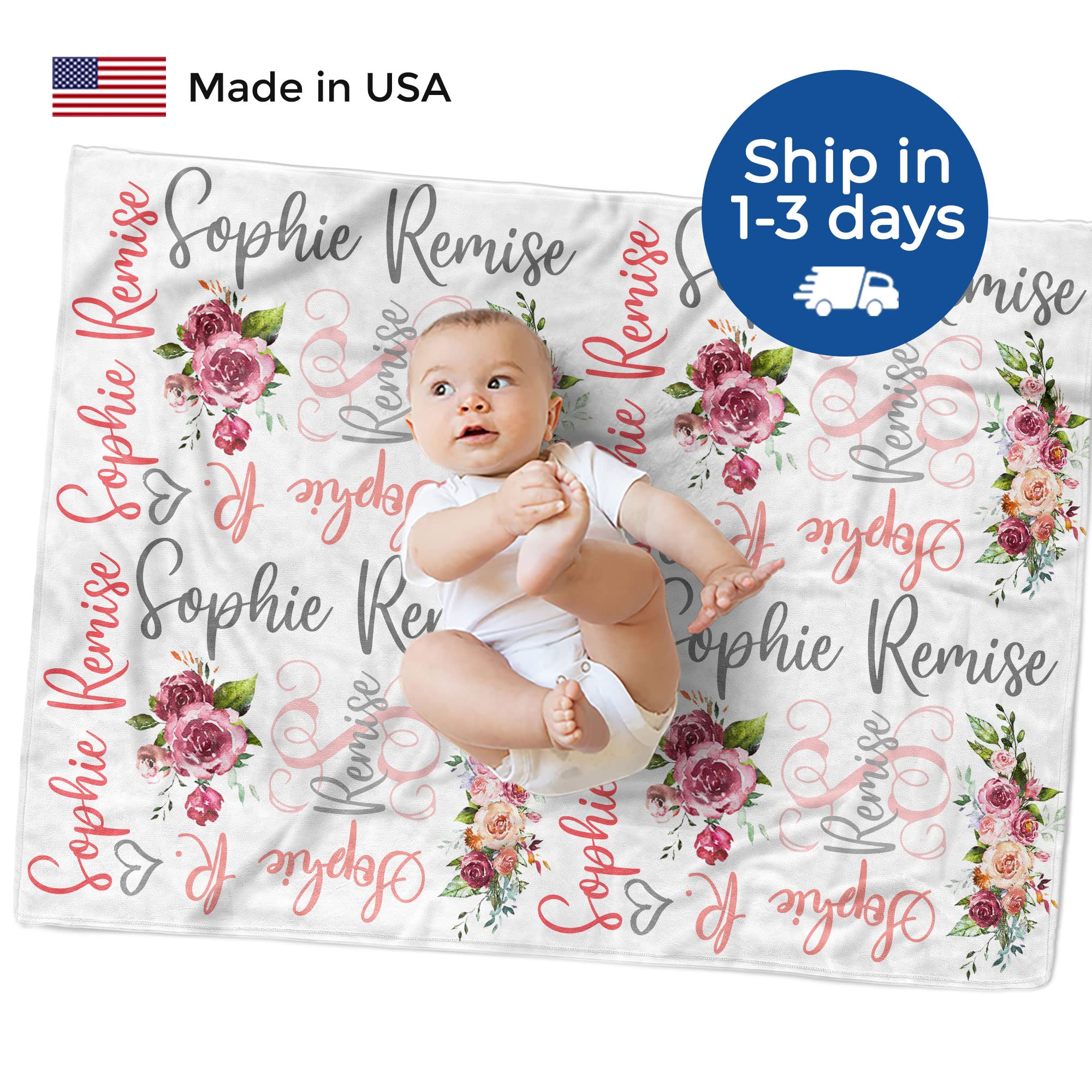Custom Personalized Baby Blanket for Girls with Name - Monogram HA63 - Soft Nursery Blanket for Newborn Gifts, Christening, Baby Shower & Photo Props