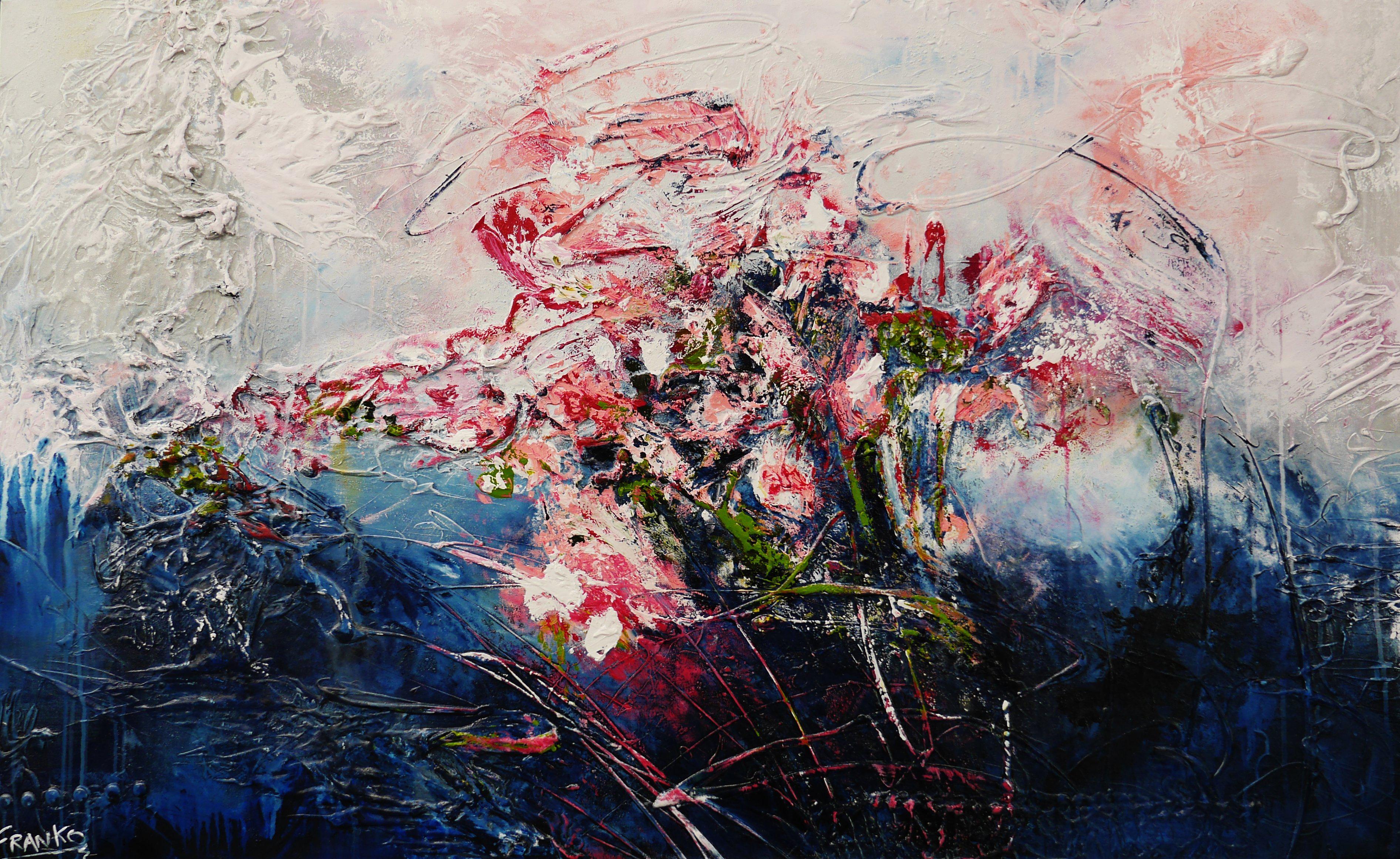 Blu Bloom 160cm x 100cm Blue Grey Pink Textured Abstract Canvas Art - Modern Wall Decor for Living Room, Bedroom & Office