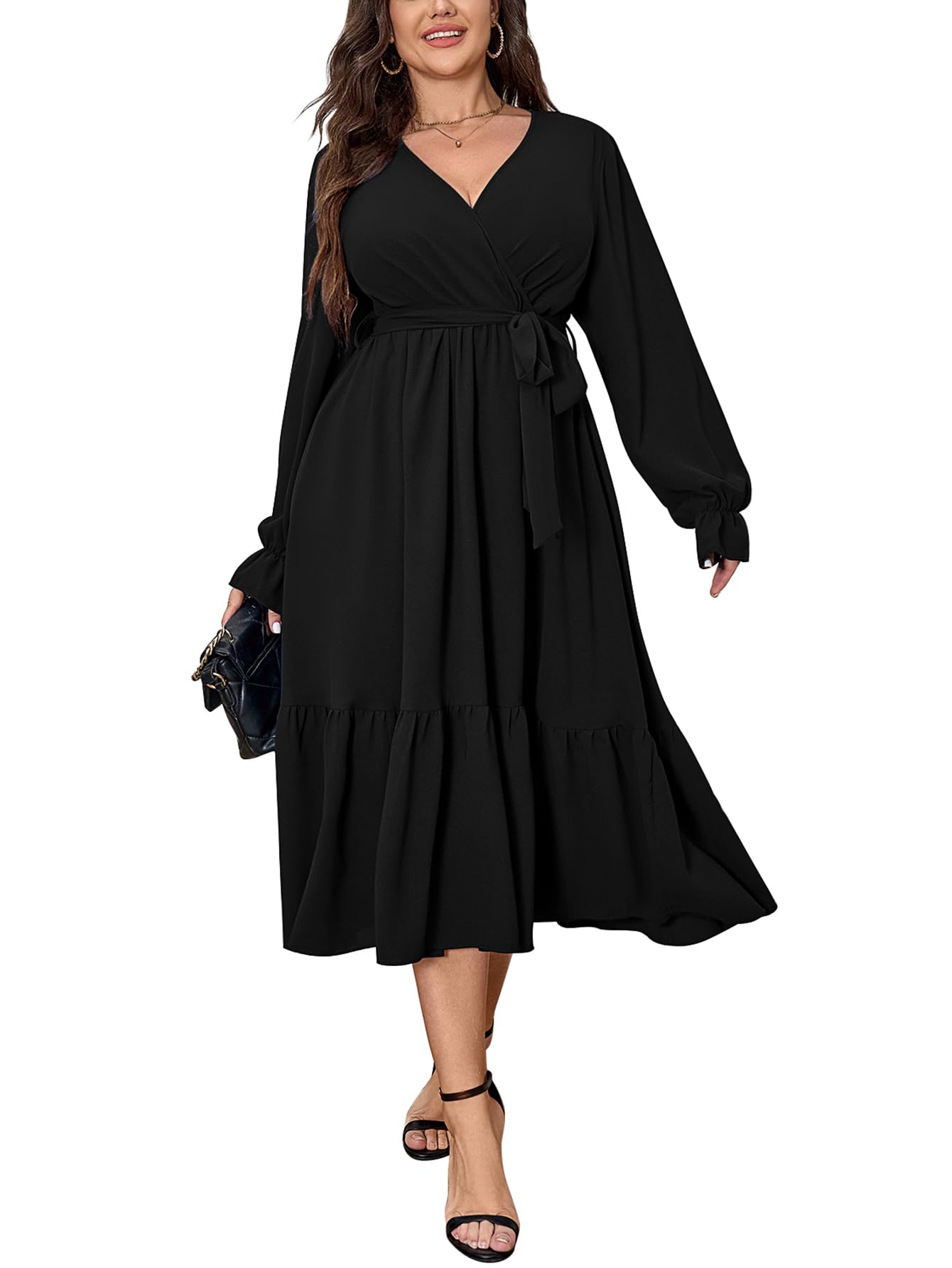 Elegant Plus Size Wedding Guest Dress for Women - Long Sleeve Wrap V-Neck Belted A-Line Maxi Dress with Ruffle Hem | Perfect for Cocktail Parties, Formal Events & Special Occasions