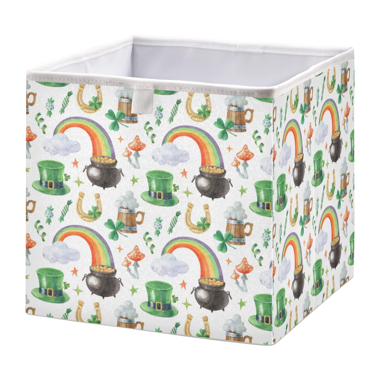 St. Patrick's Day Shamrock Leprechaun Hat Storage Basket - Collapsible Rectangular Bin with Pot of Gold & Rainbow Design | Foldable Nursery Organizer for Toys, Clothes | Easy to Assemble | Perfect for Holiday Decor, Kids' Room Storage & Party Supplies