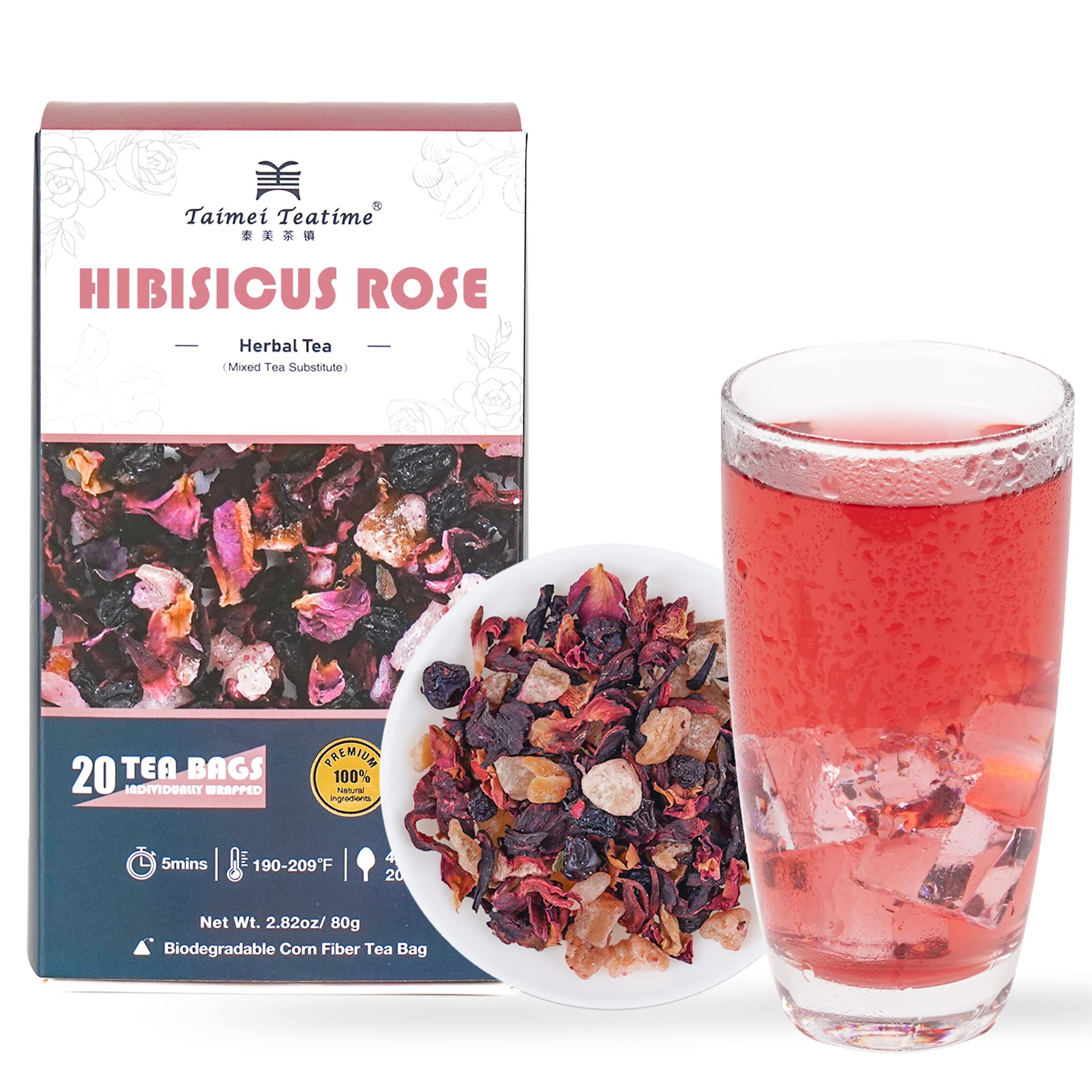Premium Hibiscus Rose Fruit Loose Leaf Tea Bags (20 Count) - Natural Caffeine-Free Herbal Tea Blend with Peach, Pineapple & Blueberry | German Import | Perfect for Hot or Iced Tea | Relaxation & Afternoon Tea Time