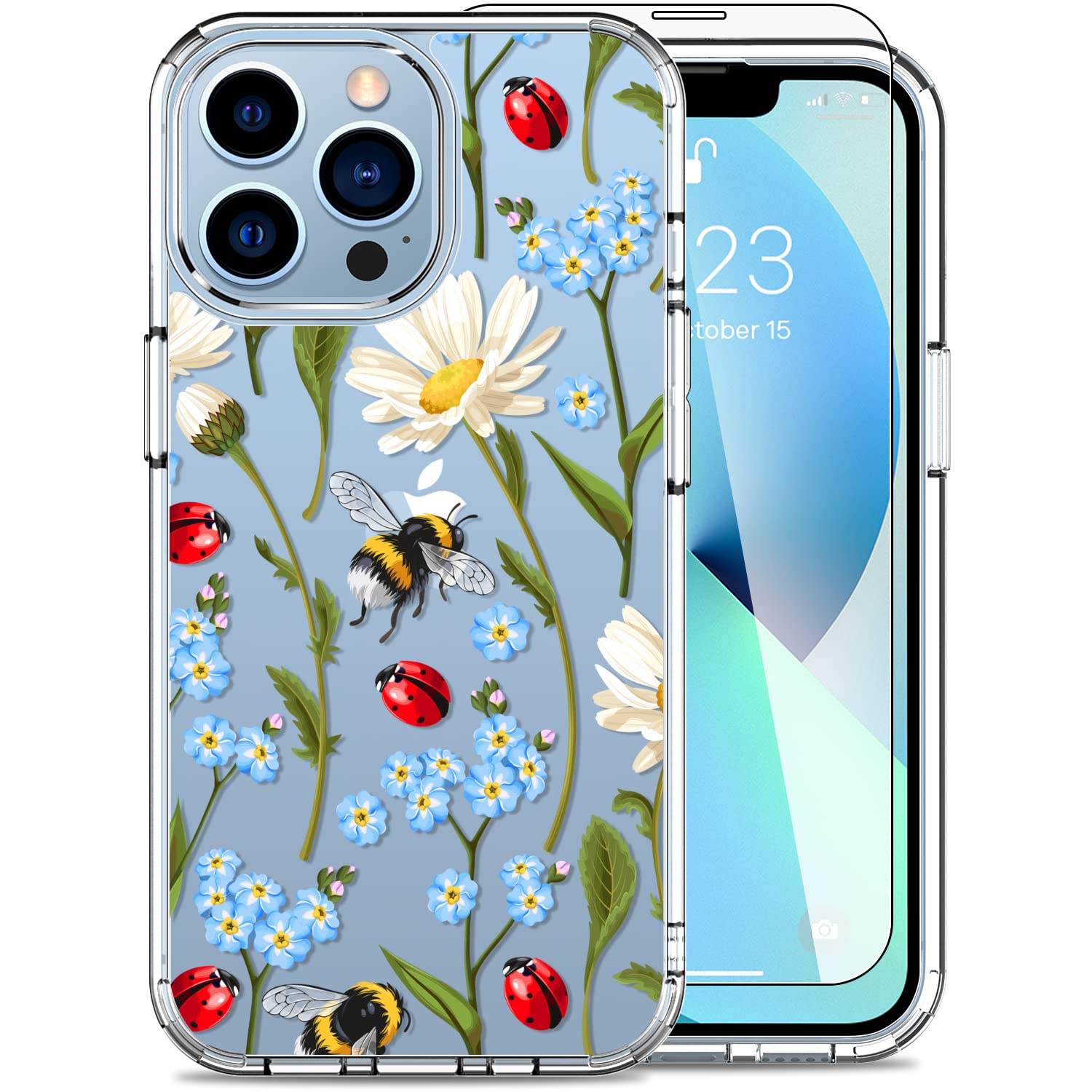 LUHOURI iPhone 13 Pro Max Case with Screen Protector - Clear Slim Fit Protective Cover with Elegant Blooming Daisy Design for Women & Girls | Durable 6.7