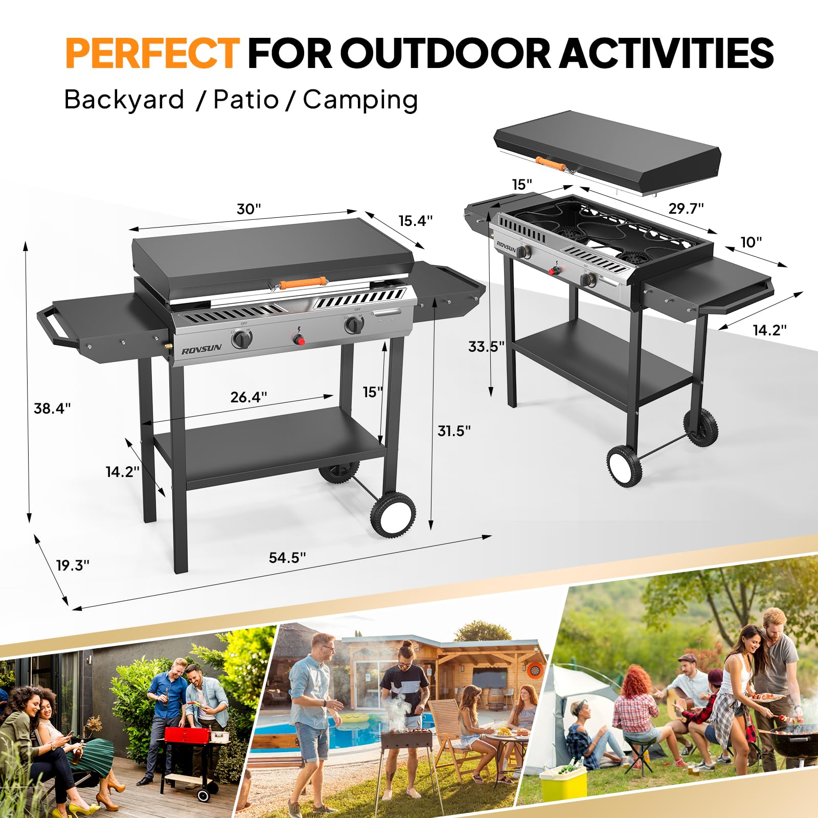ROVSUN 150,000 BTU 2-Burner Outdoor Propane Gas Stove with Griddle - Auto-Ignition, Regulator & Side Shelves - Powerful Portable Stand Cooker for Backyard BBQ, Camping, Tailgating, Home Brewing, Canning, Frying and Grilling
