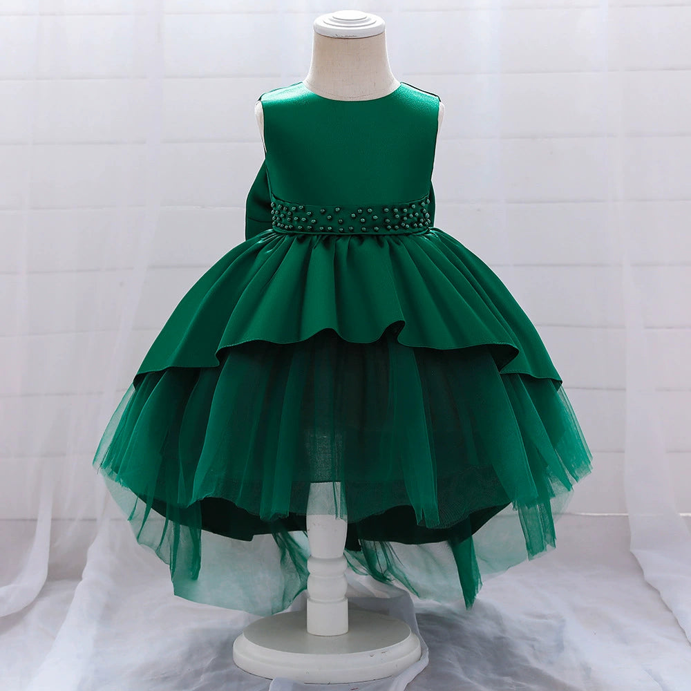 Green Princess Round Tea Length Satin Flower Girl Dress for Weddings & Special Occasions