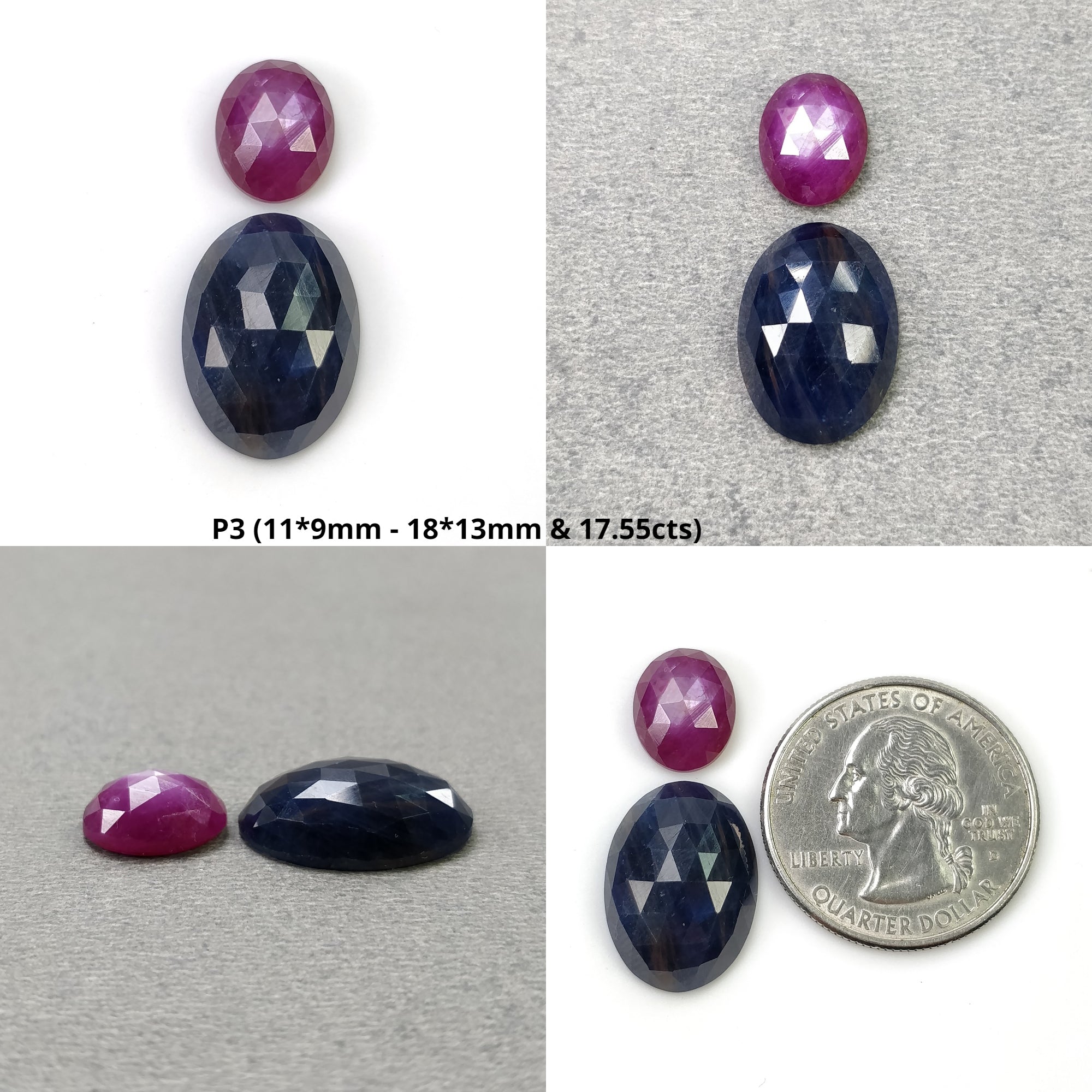 Natural Untreated Blue and Raspberry Sapphire Gemstone - Oval Rose Cut 2pc Set for Jewelry Making, Engagement Rings & Unique Gifts