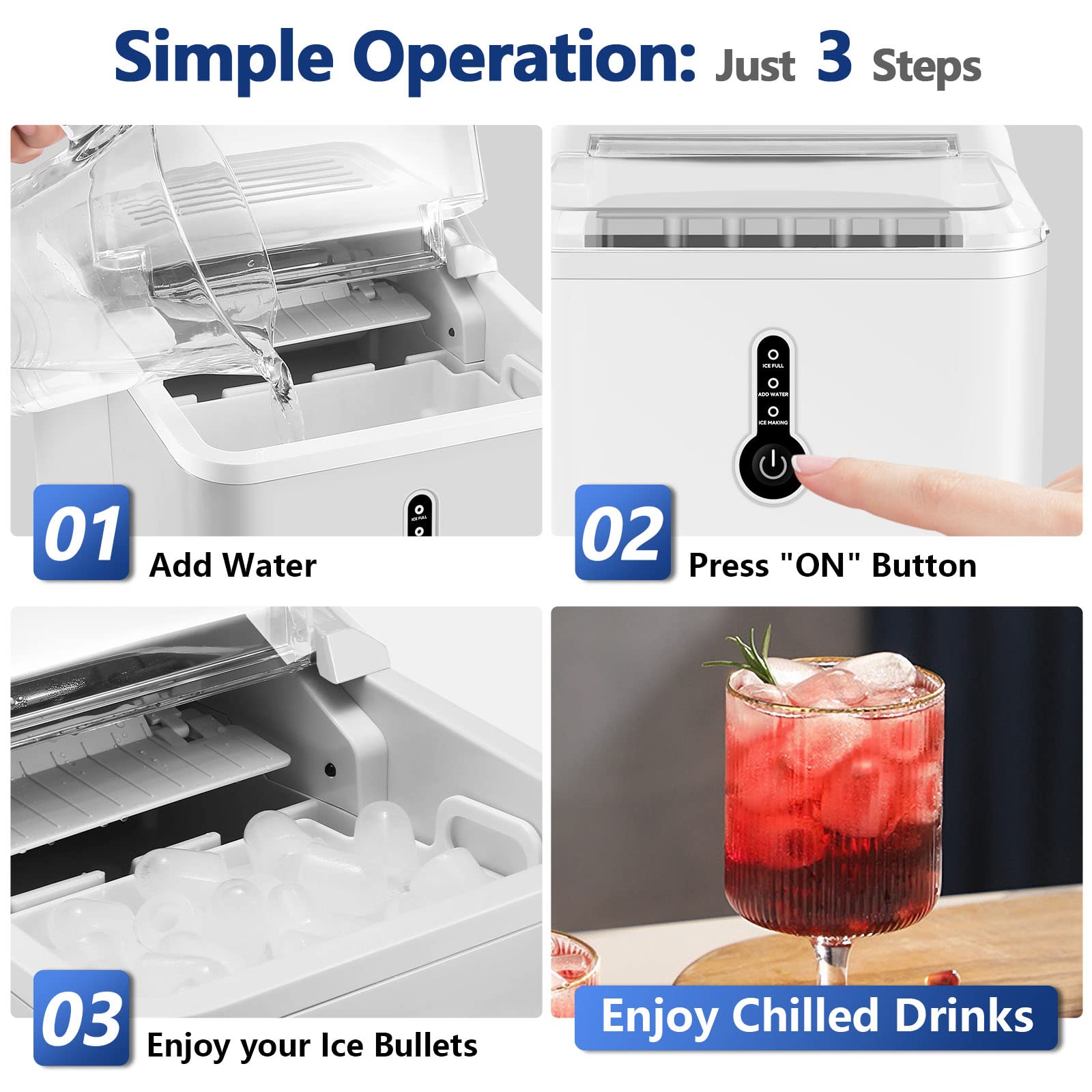 KUMIO Portable Countertop Ice Maker Machine - 9 Bullet-Shaped Ice Cubes in 6-9 Minutes, 26.5 Lbs Daily Output with Ice Scoop & Basket - Perfect for Home, Kitchen, Office, Parties & Outdoor Events - White