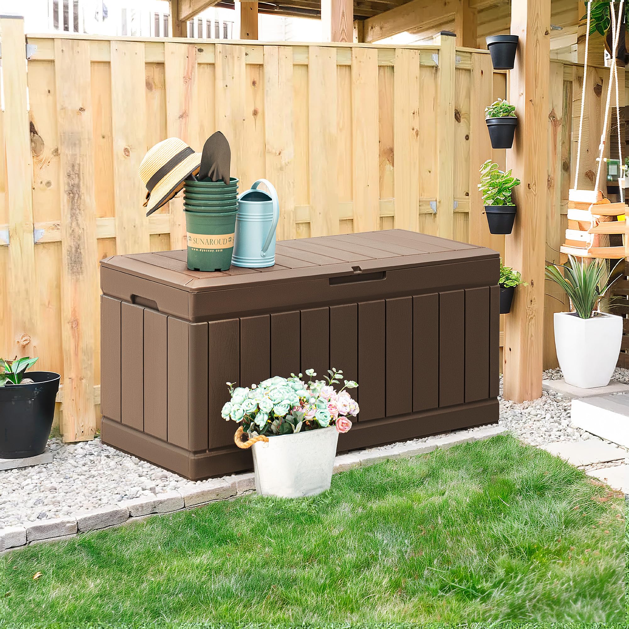 **GUNJI 85 Gallon Outdoor Deck Box – Waterproof Large Resin Storage Container with Lockable Lid – Patio, Porch, Garden Storage Bench (Brown) – Perfect for Cushions, Pool Toys & Outdoor Gear**