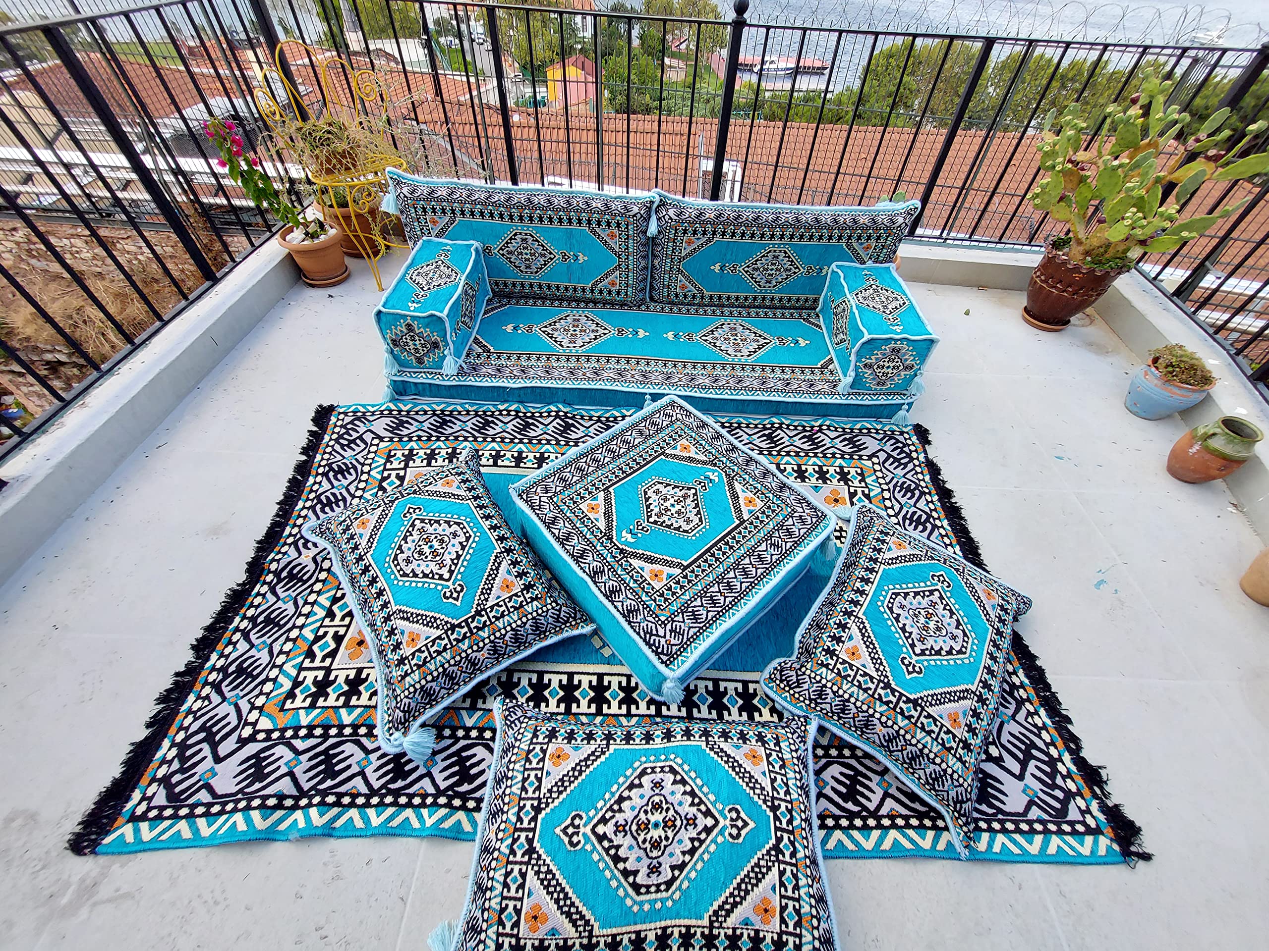 Light Blue Turkish Floor Sofa Set - Traditional Floor Cushions & Couches | French Mattress, Ethnic Sofa, Arabic Majlis, Sectional Sofa (Complete Set) for Boho Living Room, Meditation Space & Lounge Area