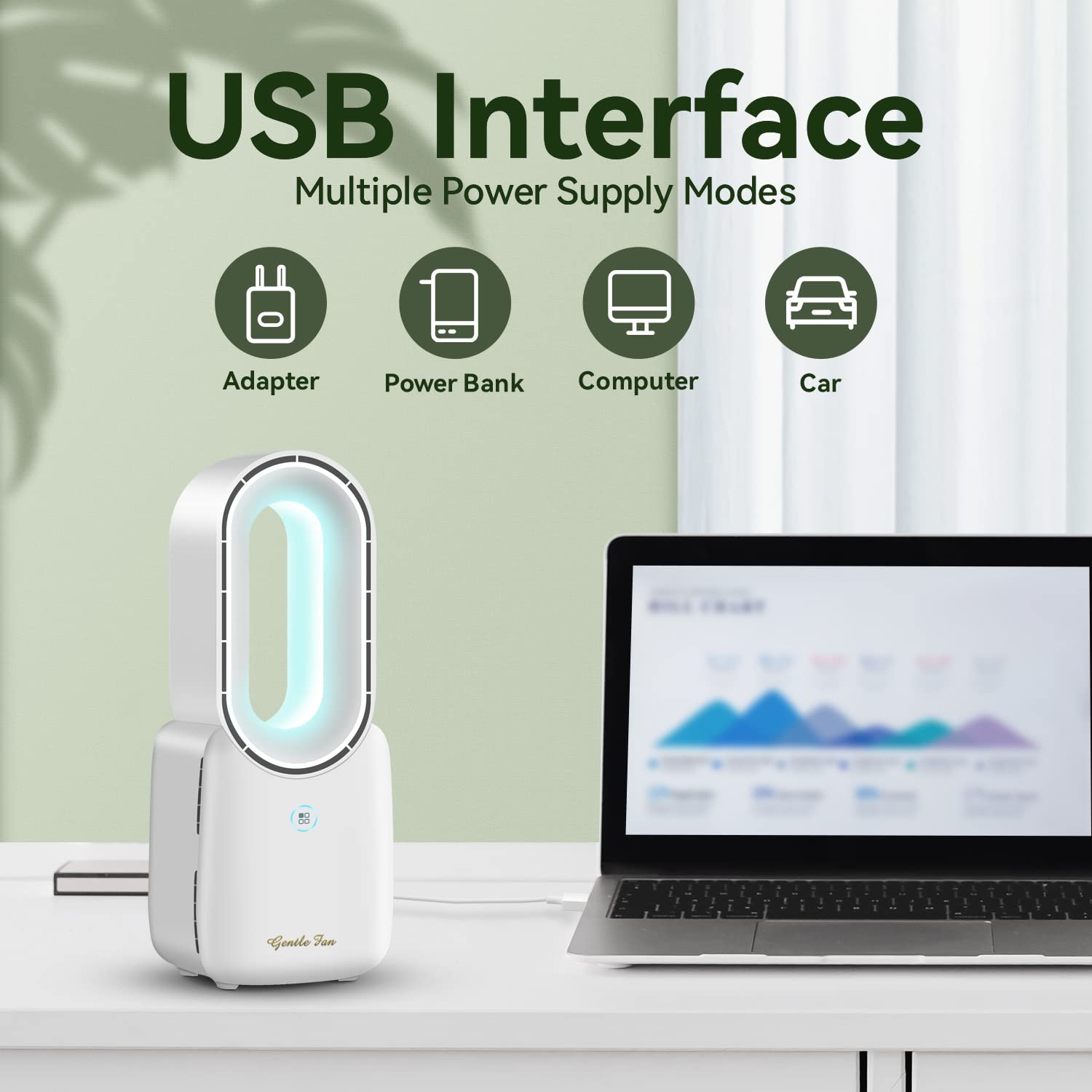 11.8 Inch Quiet Bladeless Desk Fan with USB Power, 3-Speed Touch Control & 5-Color LED Lights - Stylish Small Table Fan for Home, Office, Bedroom - Perfect Summer Cooling Gift for Work & Relaxation