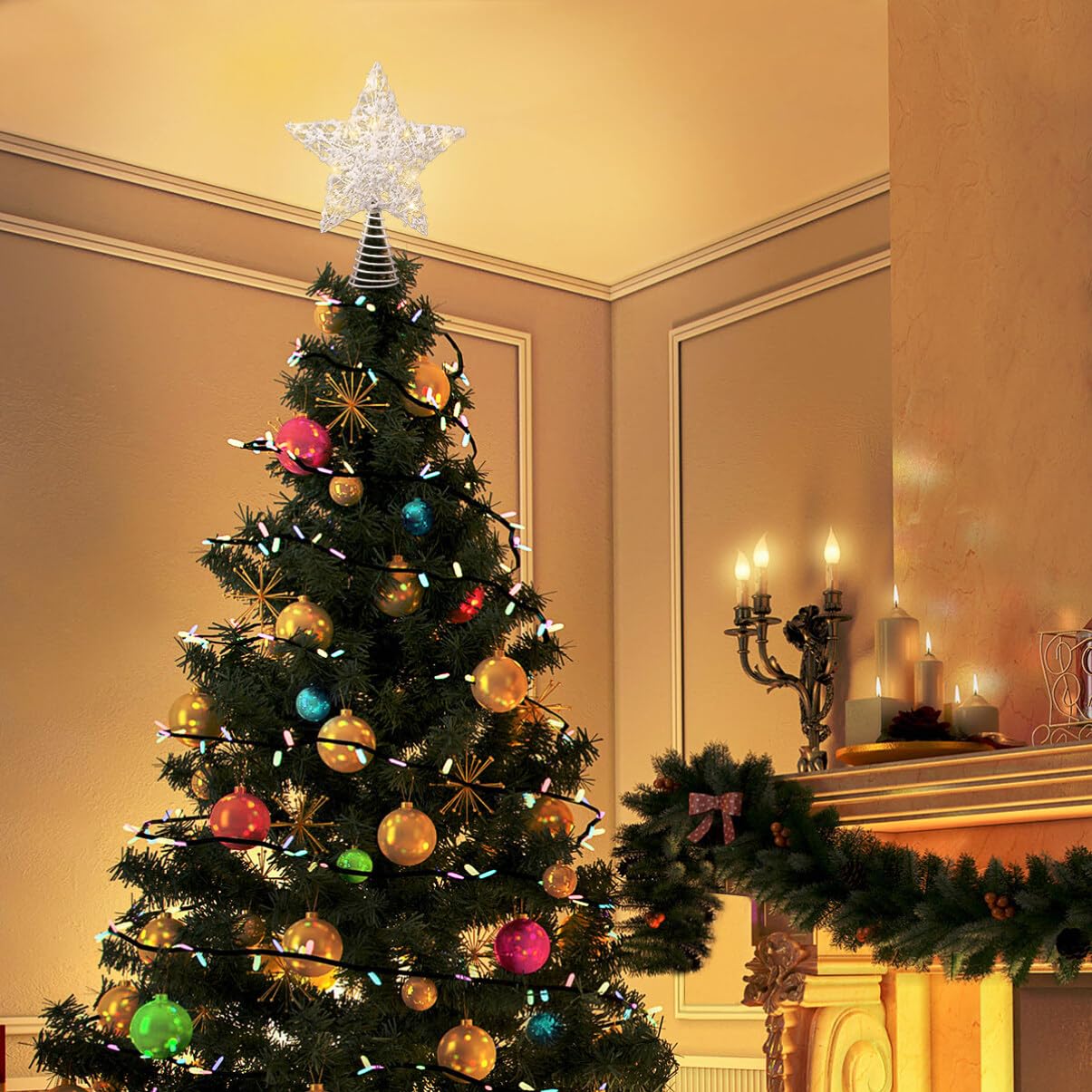 Unomor Christmas Star Tree Topper - 15 LED Lights with White Cotton Balls & Hollow Metal Design | Battery Operated Holiday Decor for Xmas Trees, Home, Party & Festive Celebrations
