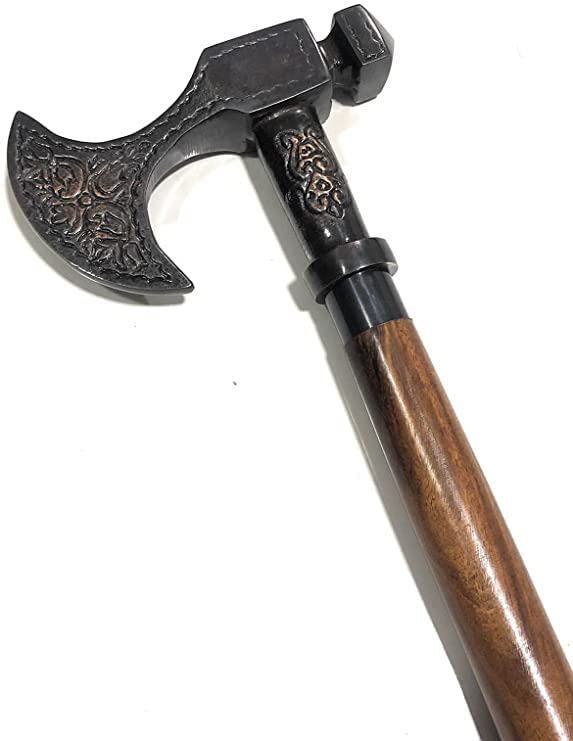 Antique Solid Brass Viking Walking Cane - Rose London Handcrafted Wooden Walking Stick for Men & Women | Nautical Style Decorative Cane with Axe Handle Design | Perfect for Costumes, Historical Reenactments & Collector Displays