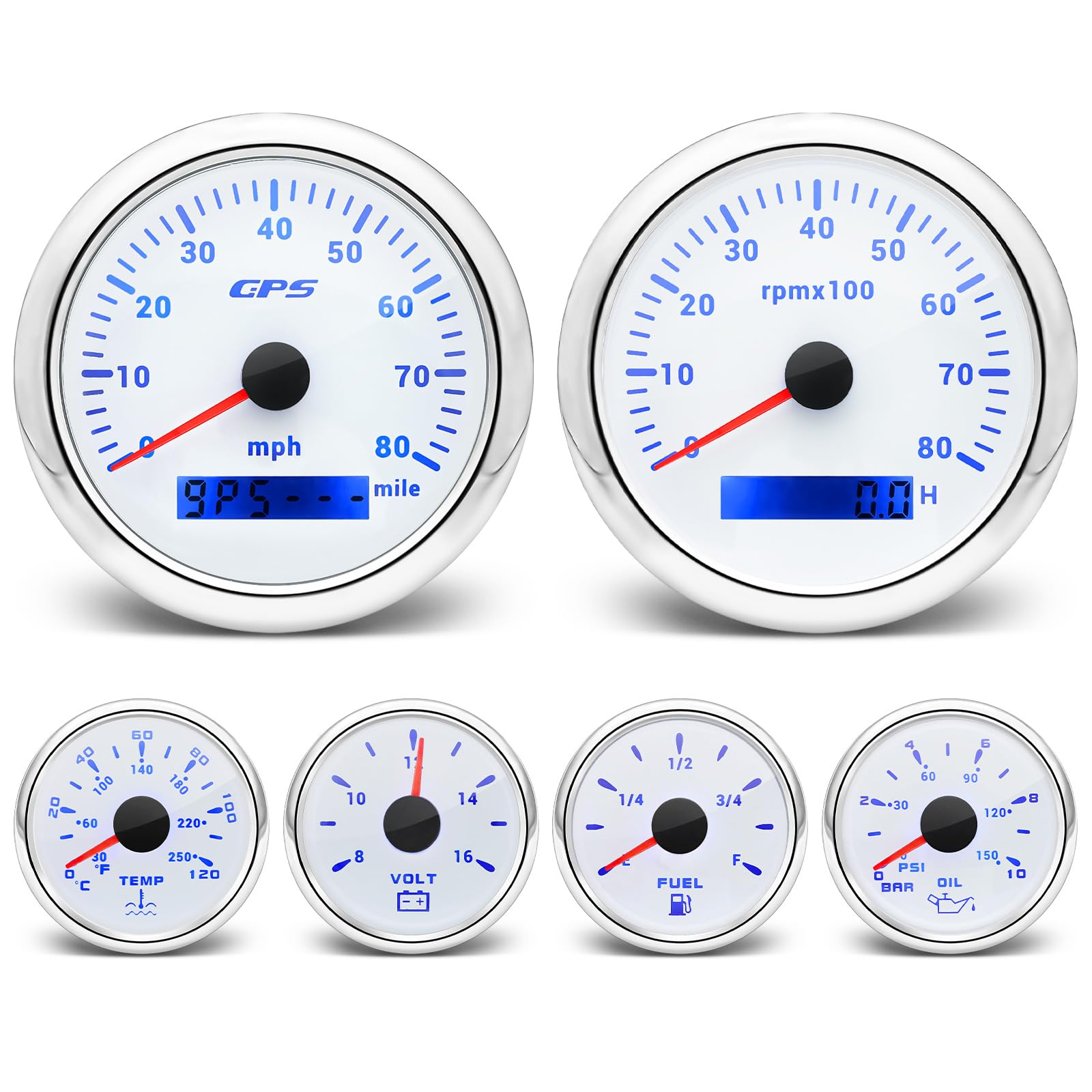 ARTILAURA 6 Gauge Set - Marine & Automotive GPS Speedometer, Tachometer, Fuel Level, Water Temp, Oil Pressure, Voltage Meter with 7-Color Backlight (White) - Perfect for Boats, Cars, Trucks & RVs