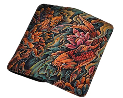 Handcrafted 3D Genuine Leather Wallet for Men - Biker Style Long Wallet with Hand-Carved & Hand-Painted Pisces Design - Custom Personalized Leather Wallet for Everyday Use, Travel & Gifts