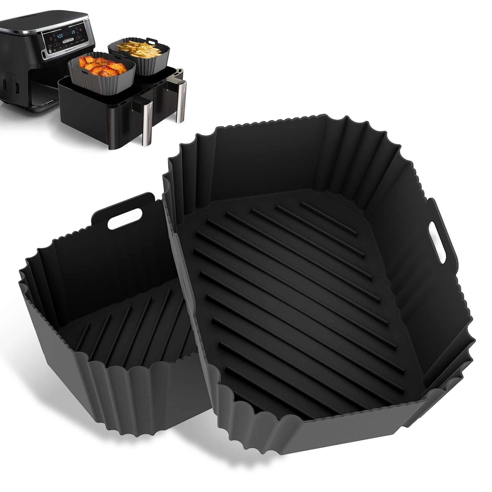2PCS Non-Stick Silicone Air Fryer Liners for Ninja DZ201/DZ401/DZ550 8-10 QT - Compatible with Ninja, Chefman, COSORI 2 Basket Air Fryers - Reusable Baking Tray Accessories for Healthier Cooking & Easy Cleanup - Perfect for Roasting, Baking, and Air Frying Chicken, Fries, and Vegetables