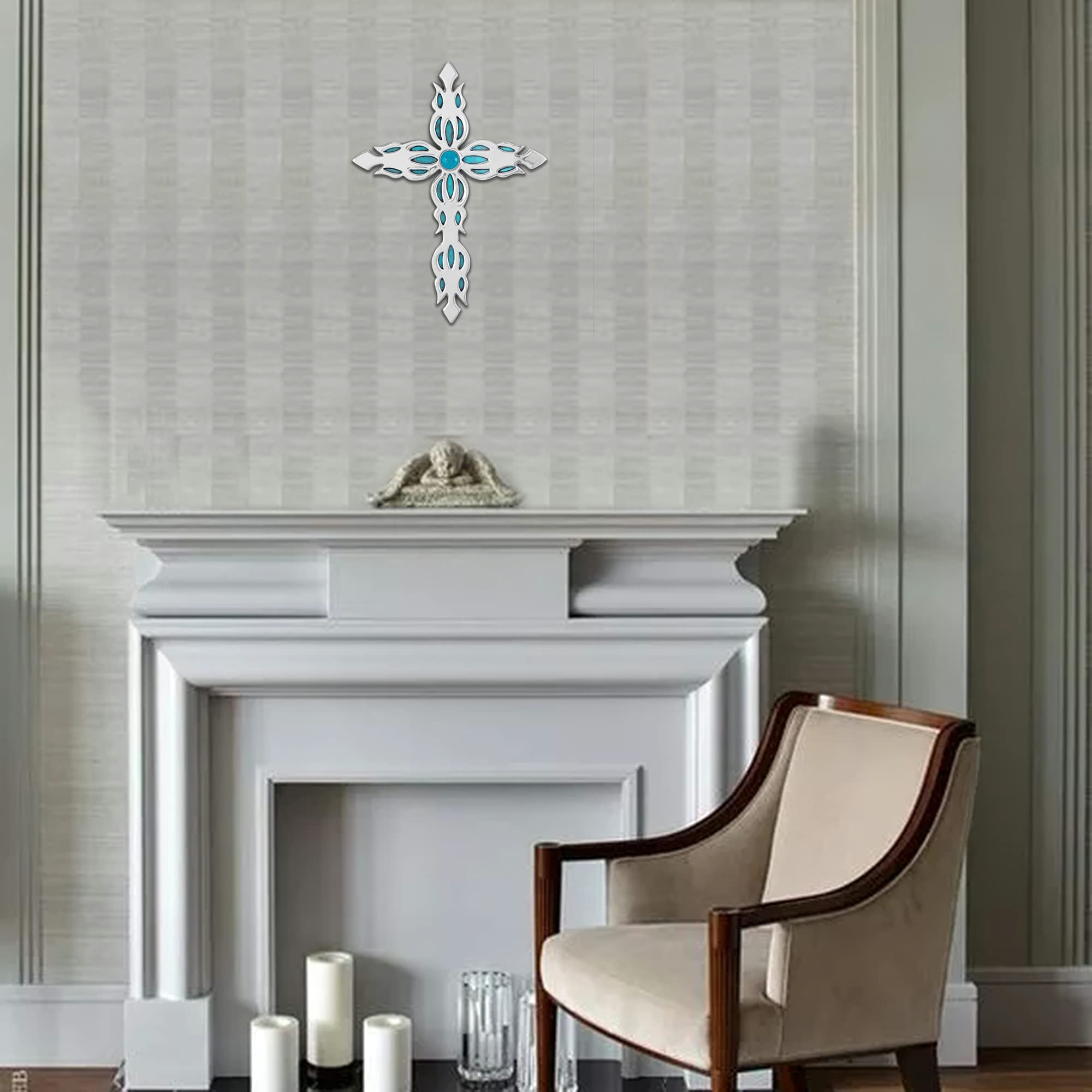 Handmade Silver Blue Crackled Glass Cross Wall Decor for Home & Office Gifts