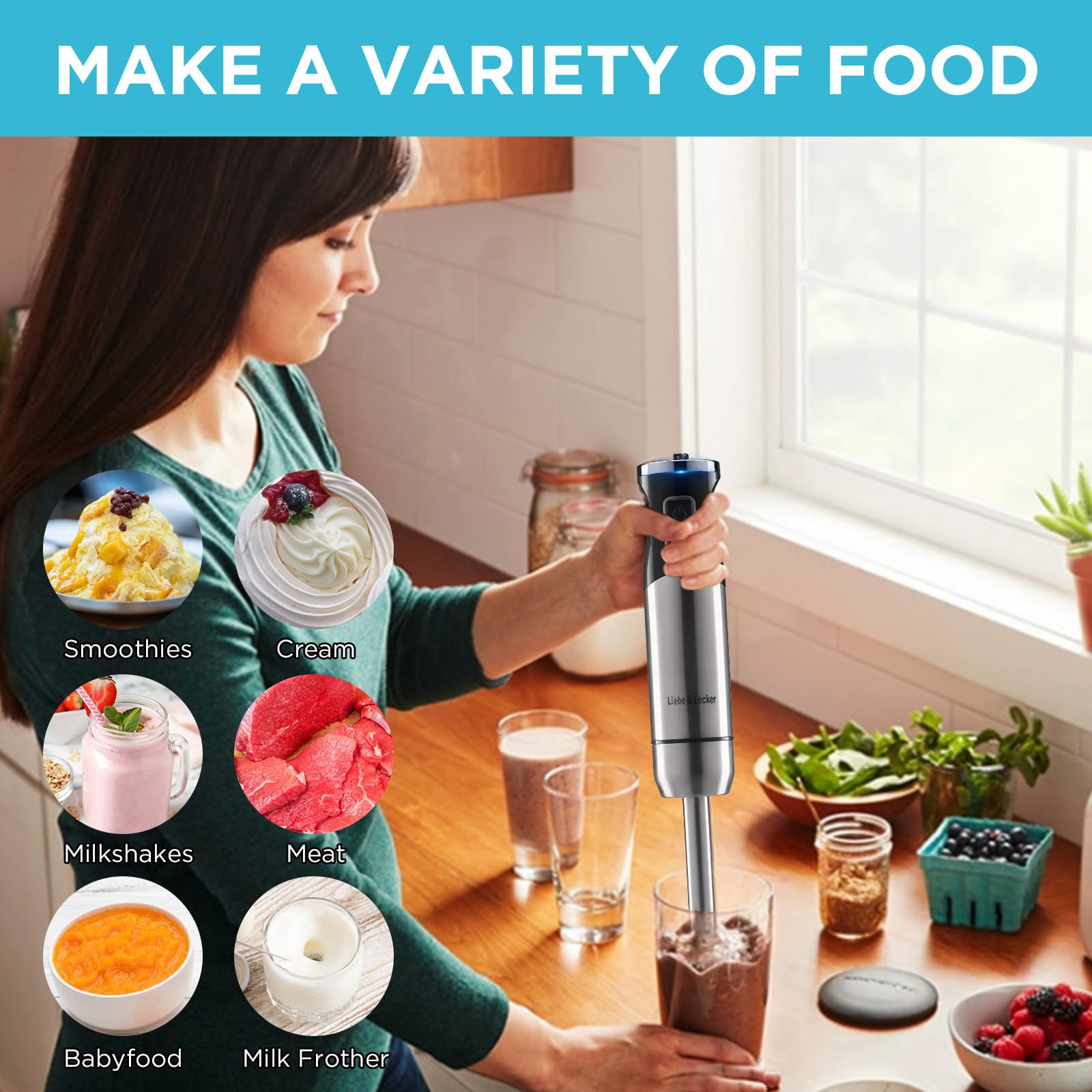 Liebe&Lecker 5-in-1 Immersion Hand Blender with 8-Speed Control, Whisk & Milk Frother Attachments - Powerful Corded Stick Mixer for Baby Food, Smoothies, Soups & Baking | Ideal for Kitchen, Home Cooking & Meal Prep