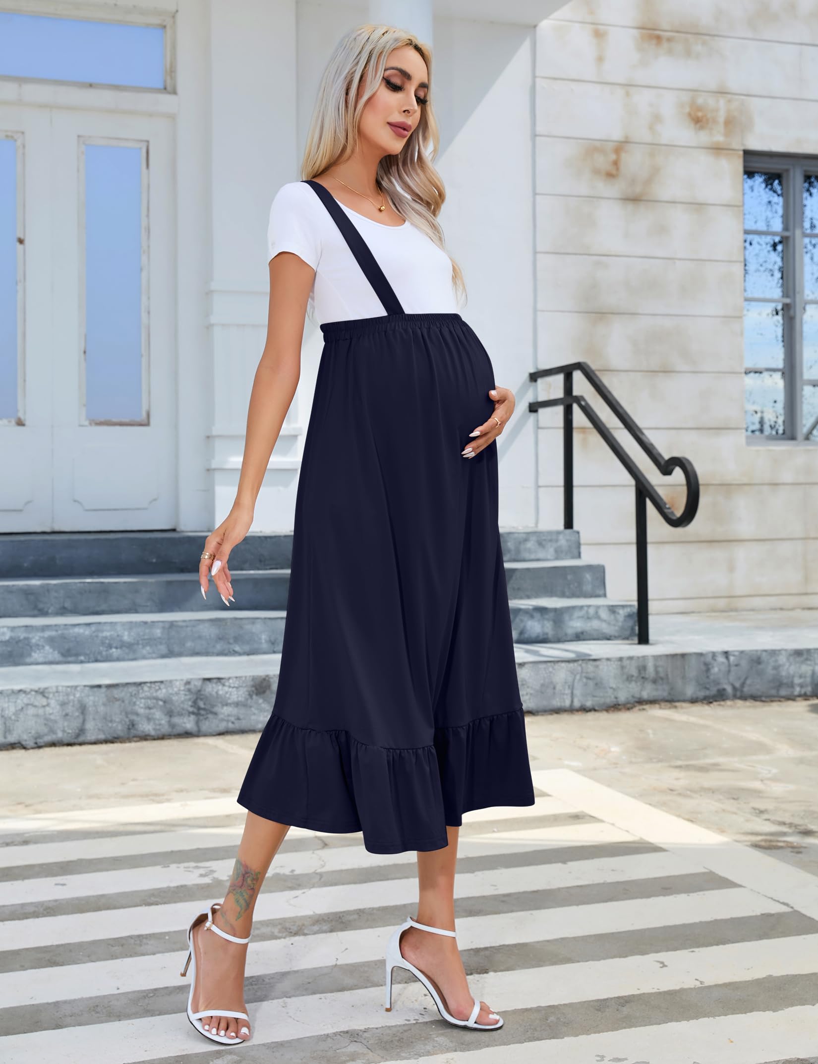 KOJOOIN Women's Maternity Maxi Skirt - High Waisted Flowy Ruffle Suspender Long Skirt for Pregnancy, Casual Fall Dress in Navy Blue | Perfect for Maternity Photos, Baby Showers & Everyday Comfort
