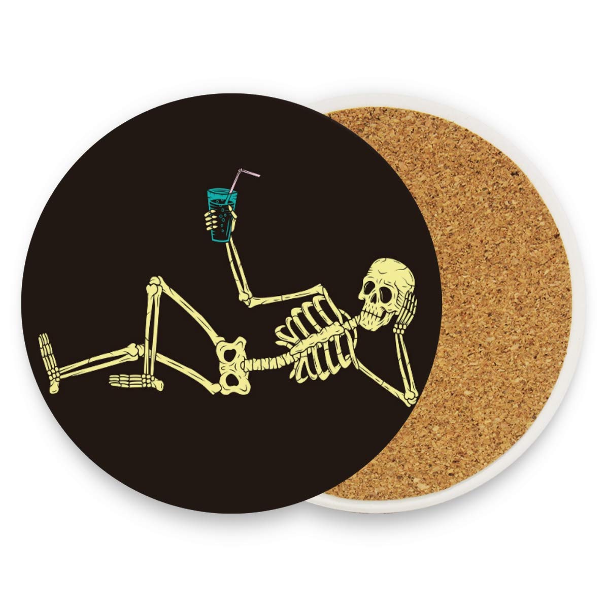Funny Skull Ceramic Coasters - Heat-Resistant Drink Coasters with Cork Base for Cocktails, Beer & Coffee - Perfect for Halloween Parties, Home Bar Decor & Gifts
