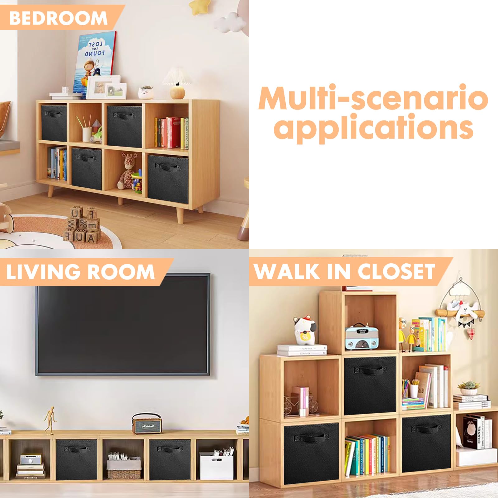 Foldable Fabric Storage Bins & Organizer Cubes - 13x13x13 Inch Closet & Toy Storage Drawers - 2 Pack Black - Perfect for Kids' Room, Nursery, and Home Organization