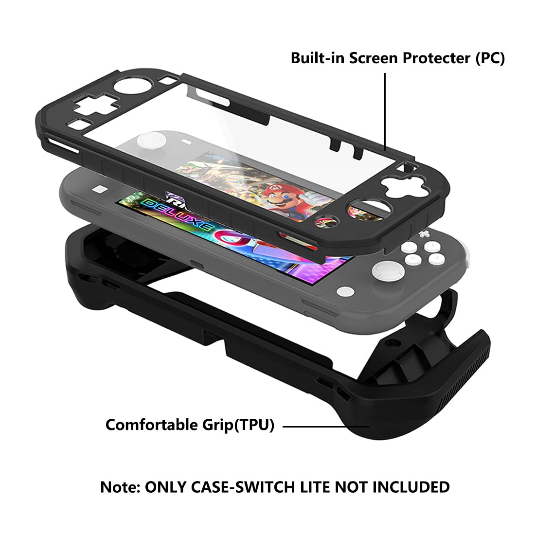 Nintendo Switch Lite Protective Case with Detachable Screen Protector & Hand Grip - Shockproof Cover Compatible with Switch Lite 2019 (Black) - Perfect for Gaming, Travel, and Everyday Protection