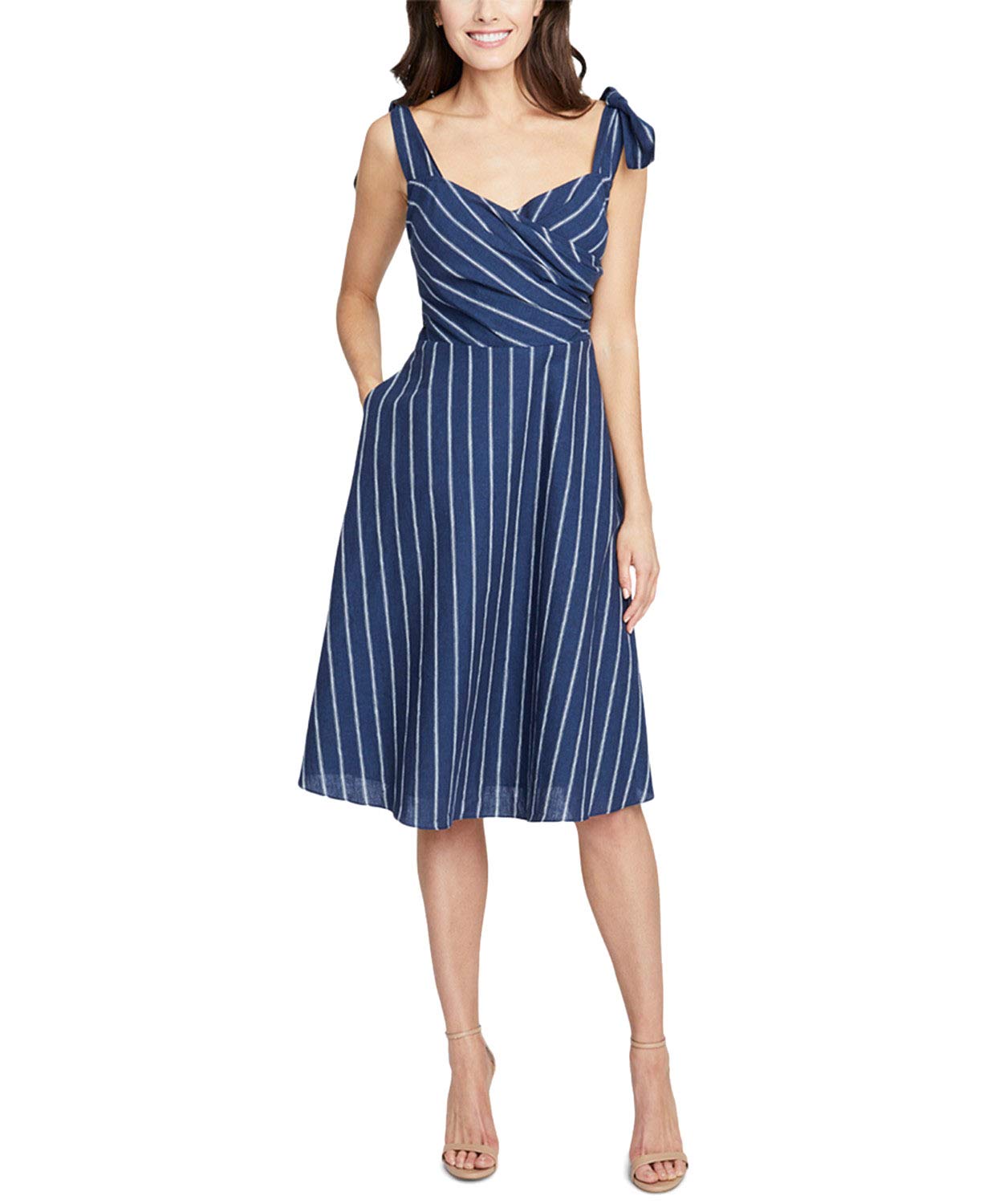Rachel Roy Women's Blue Striped Linen A-Line Dress - Casual Summer Beach Dress for Vacation, Brunch & Outdoor Events | Size 2