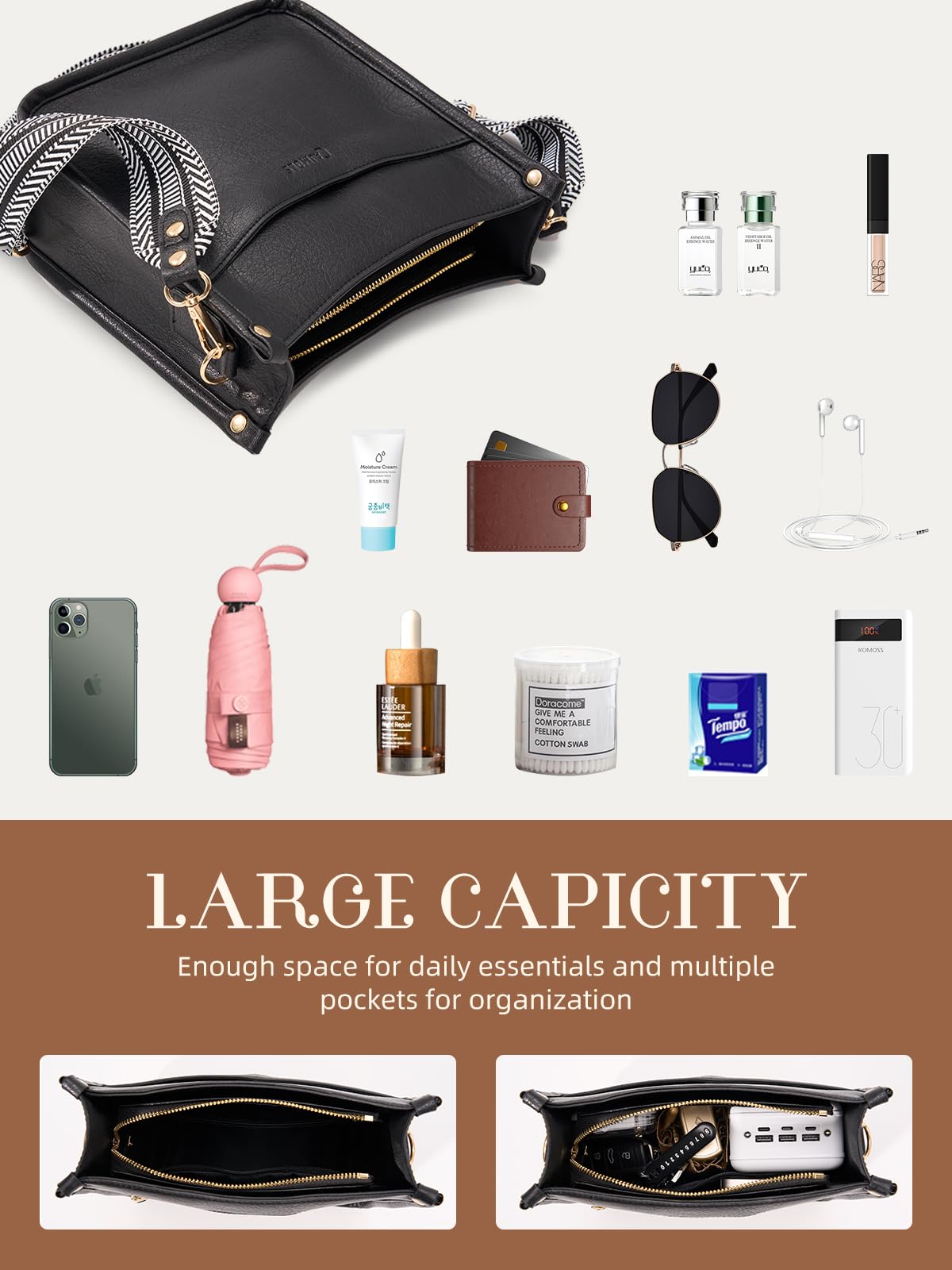Women's Leather Crossbody Bags with Adjustable Guitar Strap - Stylish Shoulder Handbag Purse for Daily Use, Travel & Shopping