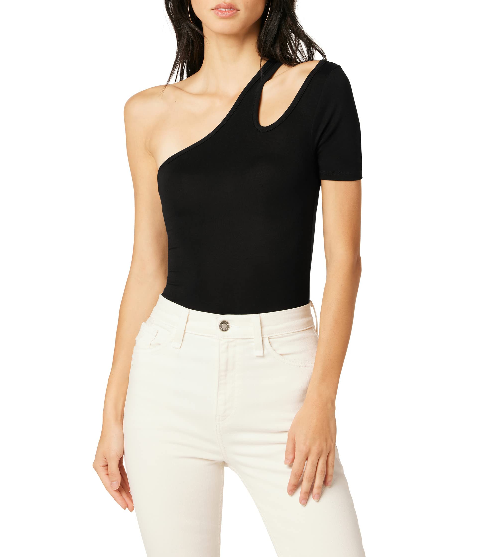 HUDSON Women's Short Sleeve Asymmetrical Bodysuit - Stretchy V-Neck Bodycon Top for Casual Wear & Night Out