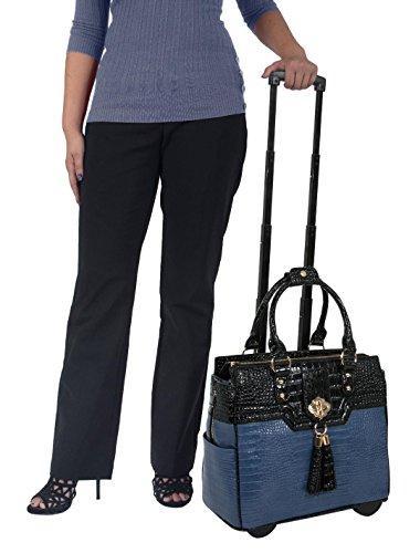Premium Blue & Black Alligator-Pattern Faux Leather Rolling Laptop Tote Bag for MacBook, iPad, Tablet - Perfect for Business Travel, Office & College Commute