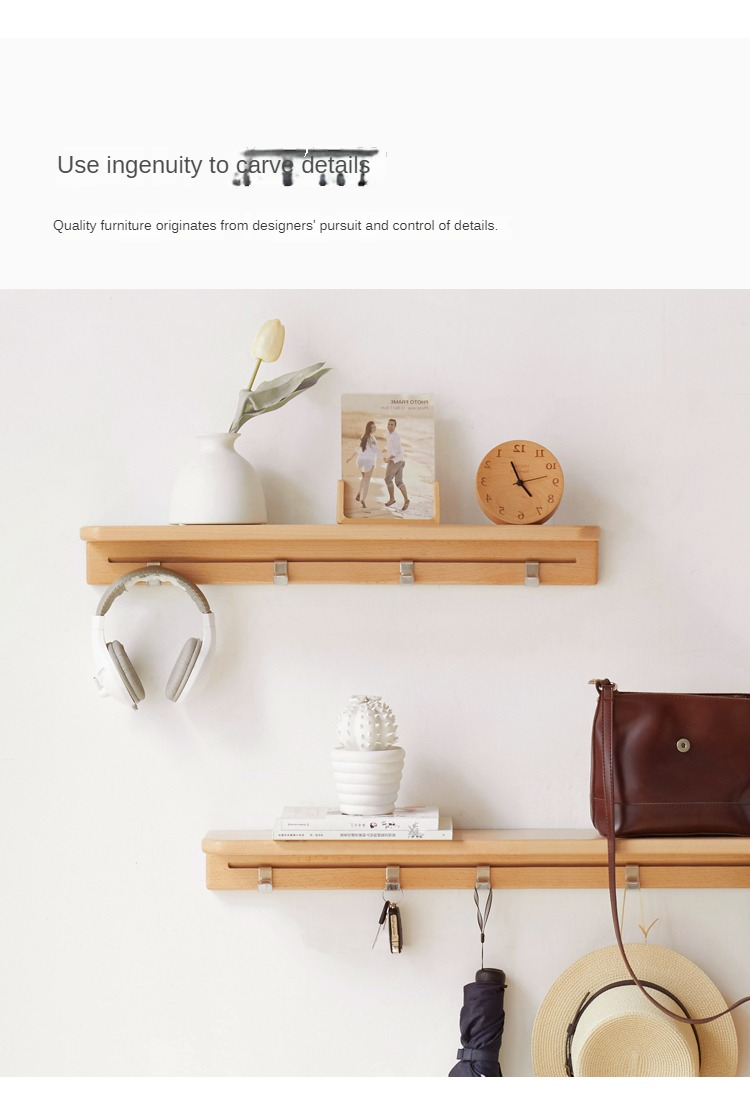 Solid Beech Wood Wall Shelf with Hooks - Rustic Floating Shelf for Kitchen, Bathroom, or Living Room Storage & Decor