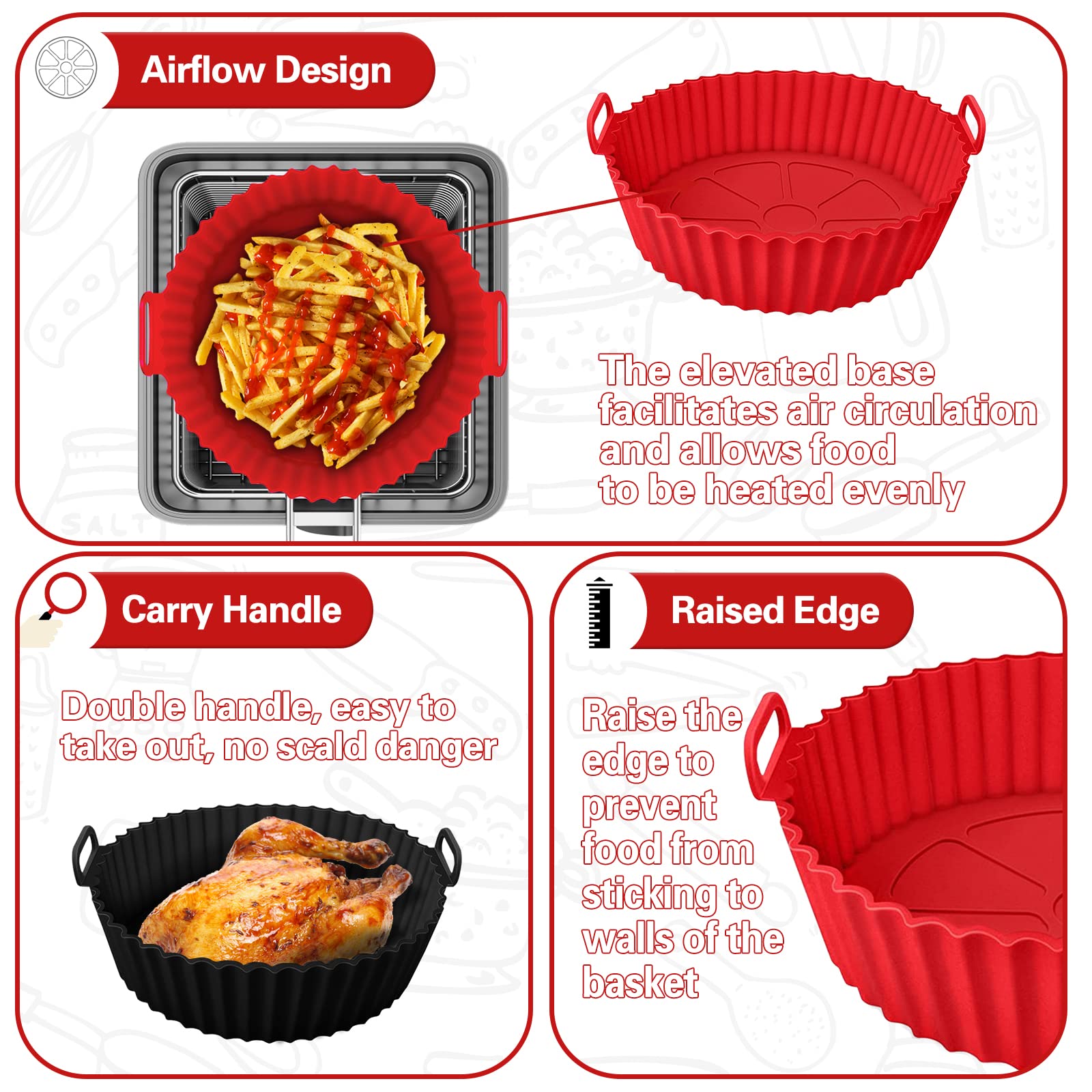 2 Pack 8 Inch Reusable Silicone Air Fryer Liners - Non-Stick Round Basket for 3.5-7 QT Air Fryers, Ovens & Microwaves (Black+Red) - Perfect for Baking, Roasting & Reheating Food Without Mess