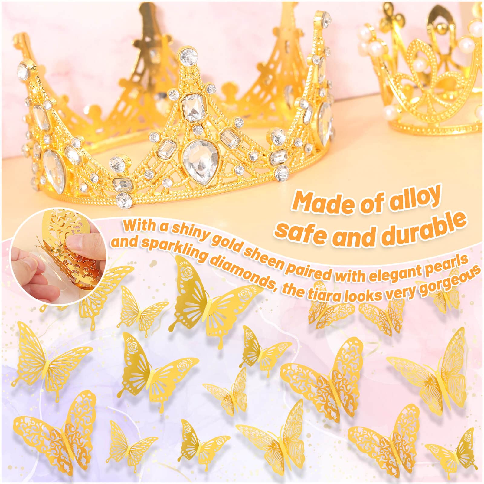 53 Pcs Flower Bouquet Accessories Set - 5 Gold Crowns & 48 Gold Butterflies for Wedding Bouquets, Birthday Cakes, Baby Showers - DIY Floral Arrangement & Party Decorations