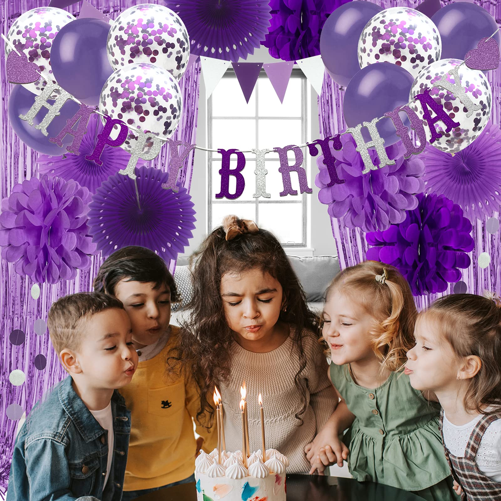 Purple Birthday Party Decorations Set - Happy Birthday Banner, Curtains, Paper Pompoms, Fans Garland & Confetti Balloons for Boys, Girls, Men & Women | Perfect for Indoor/Outdoor Birthday Celebrations, Baby Showers & Anniversary Parties