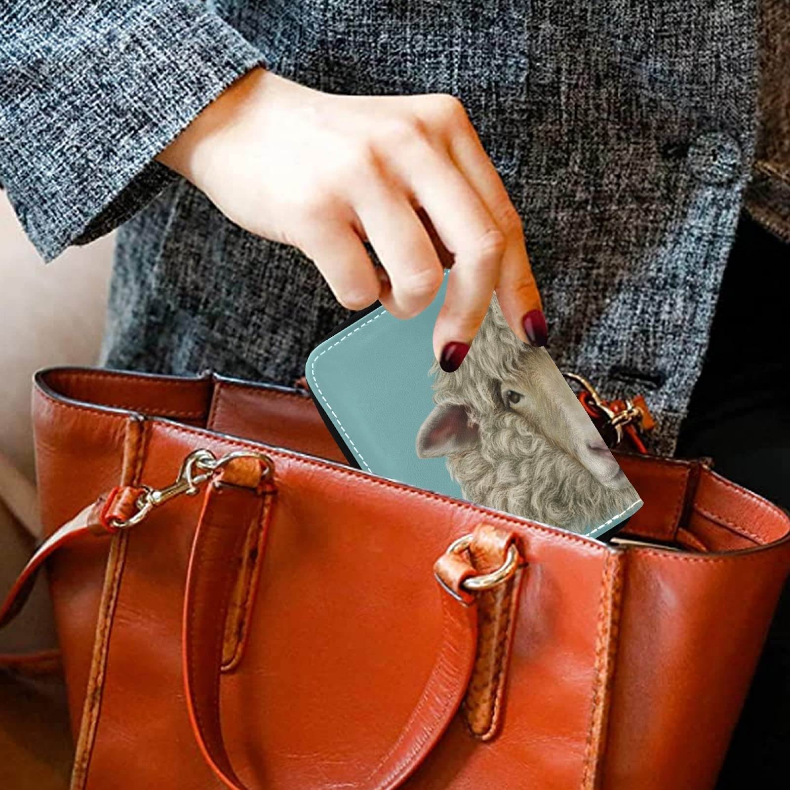 RFID Blocking Women's Leather Card Holder - Slim Credit Card & Coin Wallet with Key Organizer, Zipper Purse for Travel & Daily Use (Grey Sheep Portrait Design)