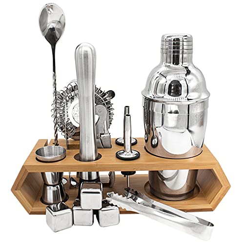 Premium Stainless Steel Cocktail Shaker Set - Bartender Tools Kit with Wooden Stand | Professional Mixing Cups for Mojito, Martini, Whiskey Sour | Ideal Bar Accessories & Holiday Gift for Cocktail Lovers