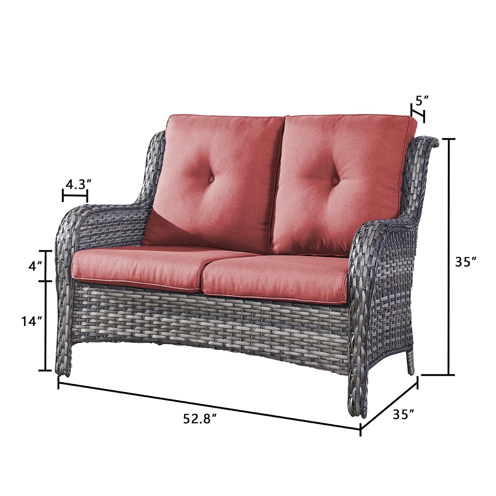 Outdoor Wicker Loveseat Patio Sofa - 2-Seater Rattan Couch with Deep Seating & Comfortable Cushions for Porch, Deck, Balcony (Mixed Grey/Red) | Perfect for Backyard Relaxation, Garden Lounging & Outdoor Entertaining