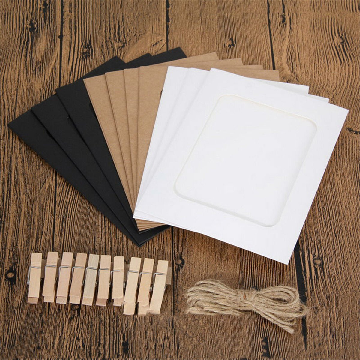 10pcs Kraft Paper Photo Frames with Wooden Clips & Jute Twine - DIY 2x3 Inch Picture Frame Mat Cardboard for Wall Decor - Perfect for Wedding, Birthday Party, Baby Shower & Home Craft Projects