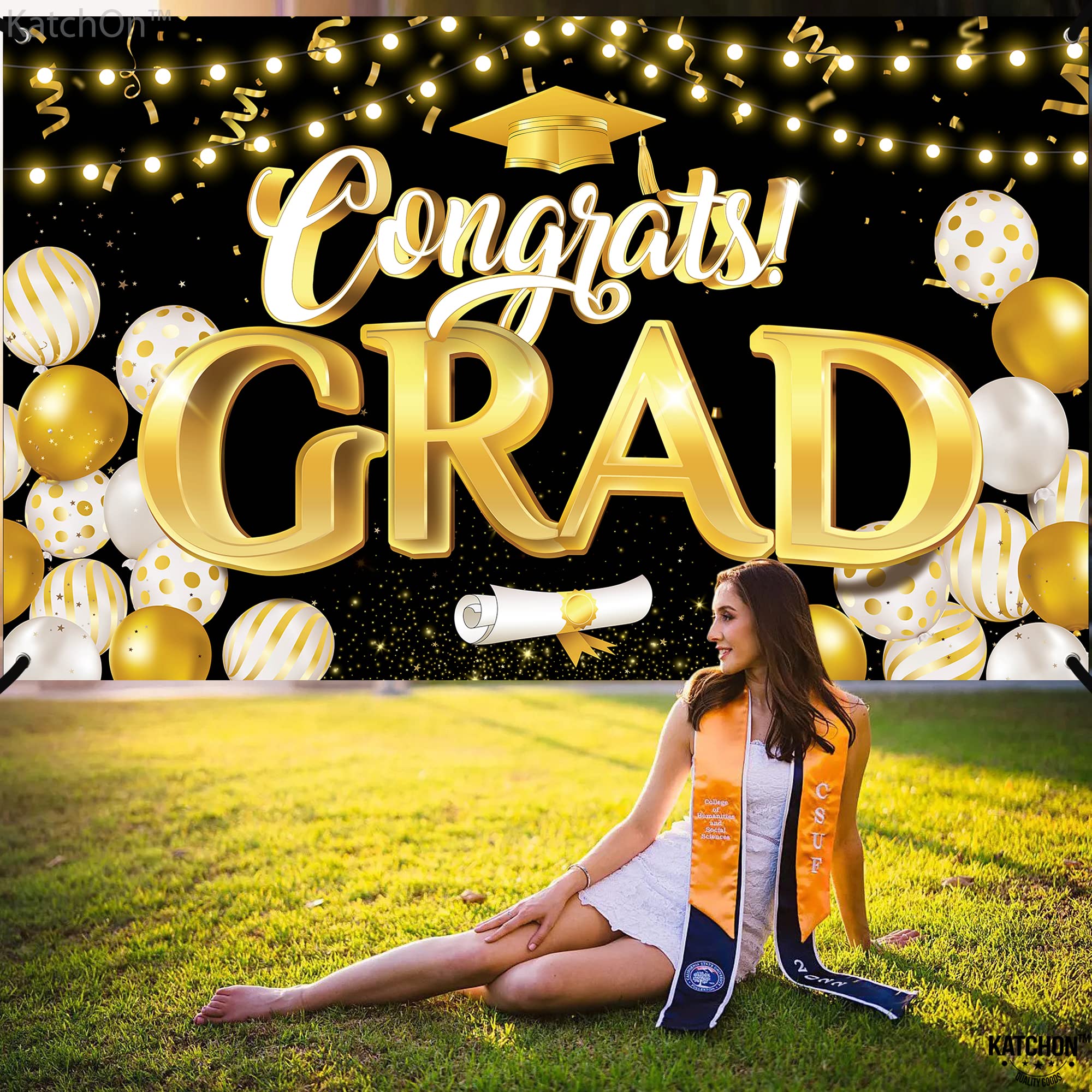 KatchOn Black & Gold Extra Large Graduation Banner 72x44 Inch - Class of 2025 Party Decor, Backdrop for Graduation Ceremony | Perfect for Graduation Party Decorations, Photo Booth Background, School Events & Home Celebration