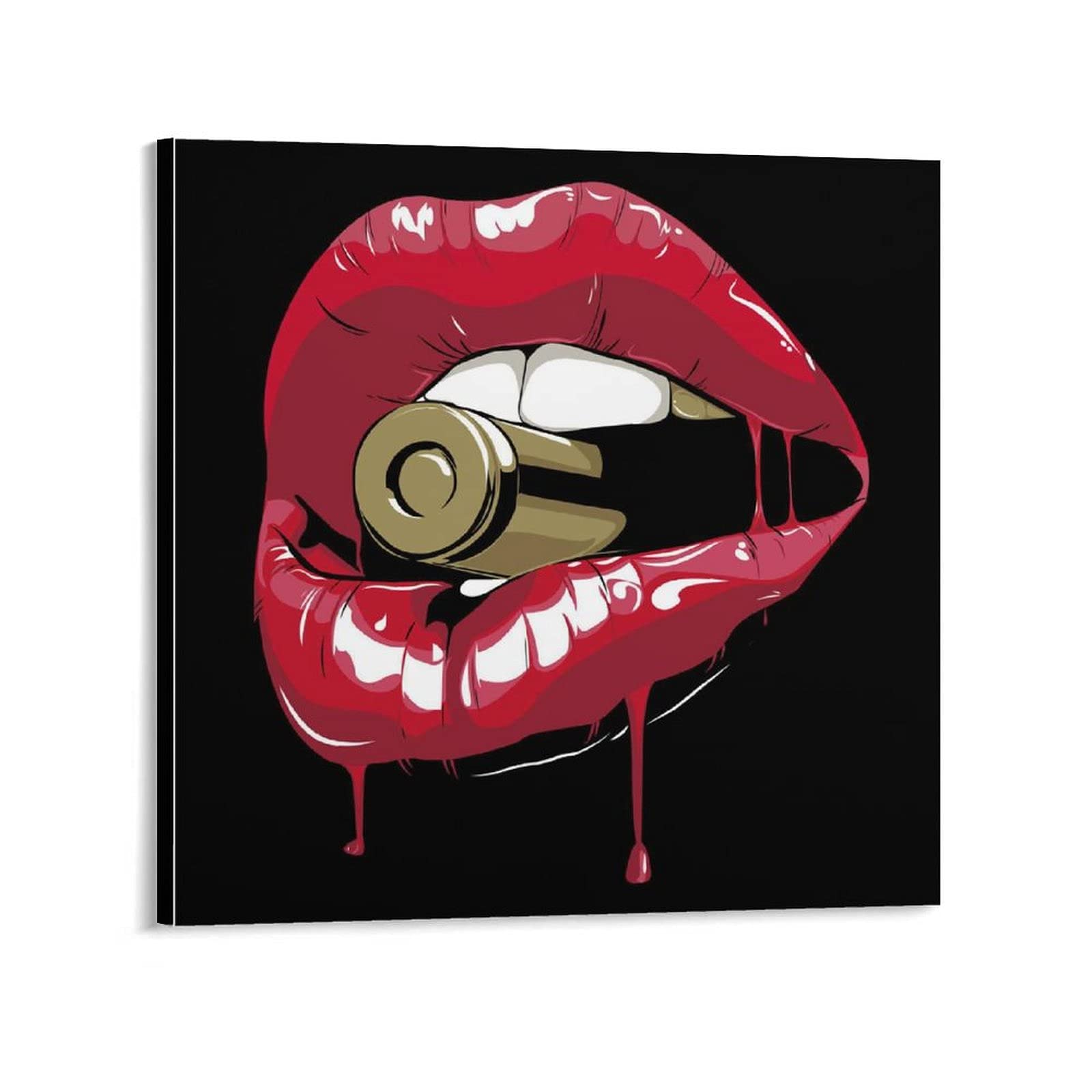 Red Lips with Bullet Abstract Wall Art Poster - 24x24 Inch (60x60cm) Modern Canvas Painting for Living Room & Bedroom Decor | Home Office Wall Decor | Unique Gift Idea for Art Lovers