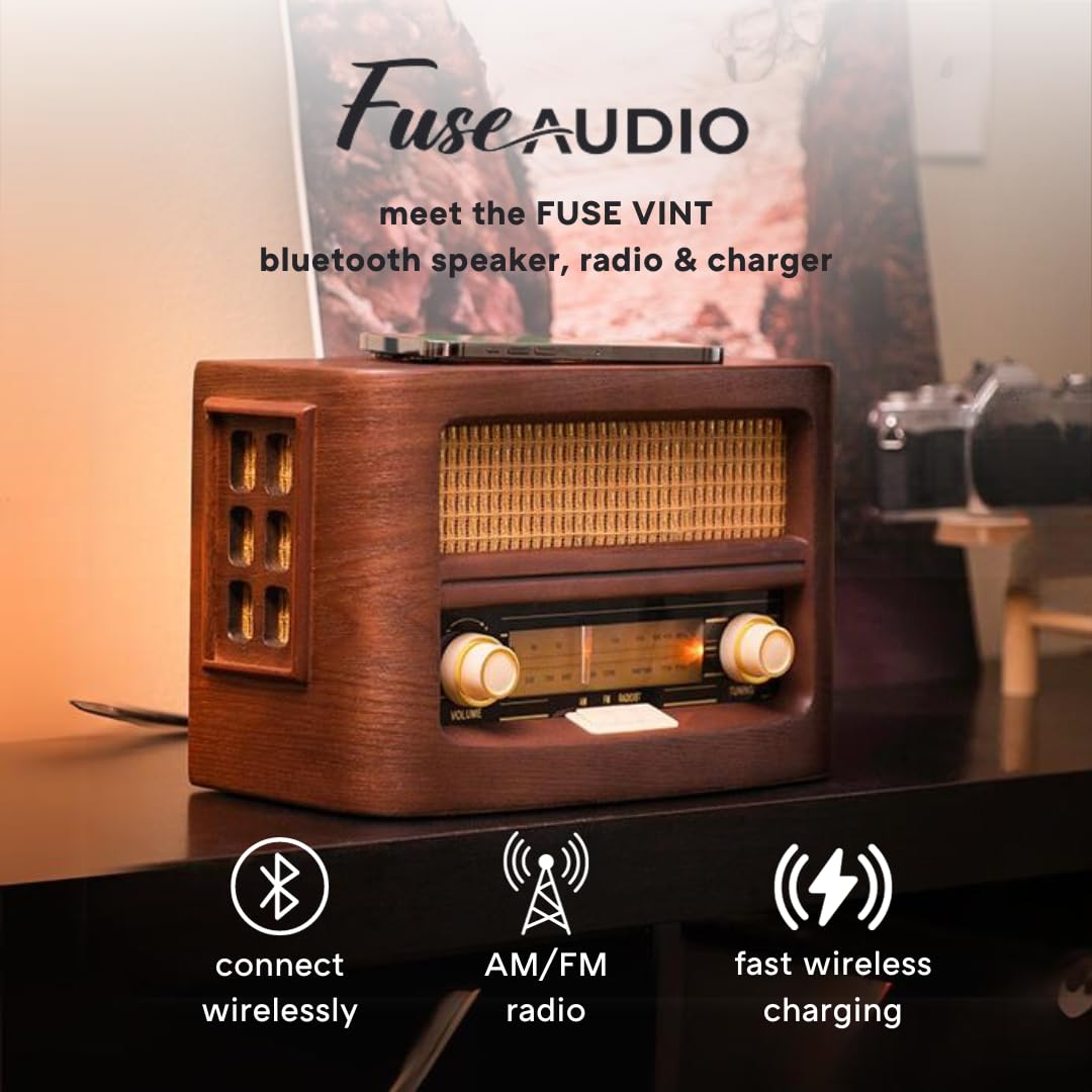 Vintage Wood Retro Bluetooth Speaker with Wireless Charging Pad | AM/FM Radio | AUX Input | Handcrafted Ashtree Wood | Mid Century Modern Design for Home, Office & Outdoor Use