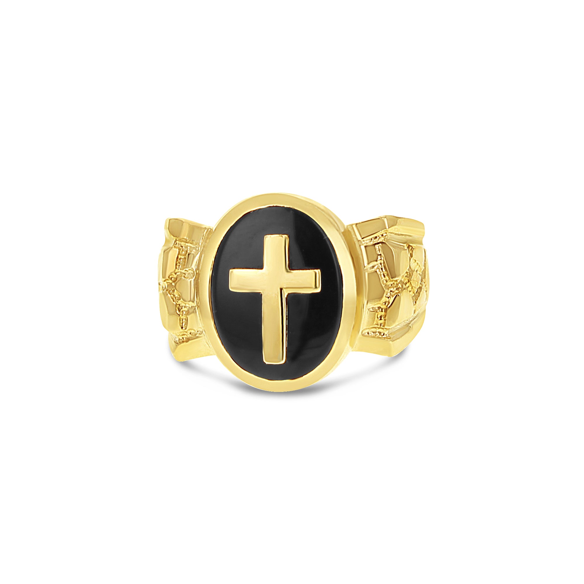 14k Yellow Gold Onyx Cross Ring for Men - Stylish Religious Jewelry Gift for Christmas, Baptism & Everyday Wear