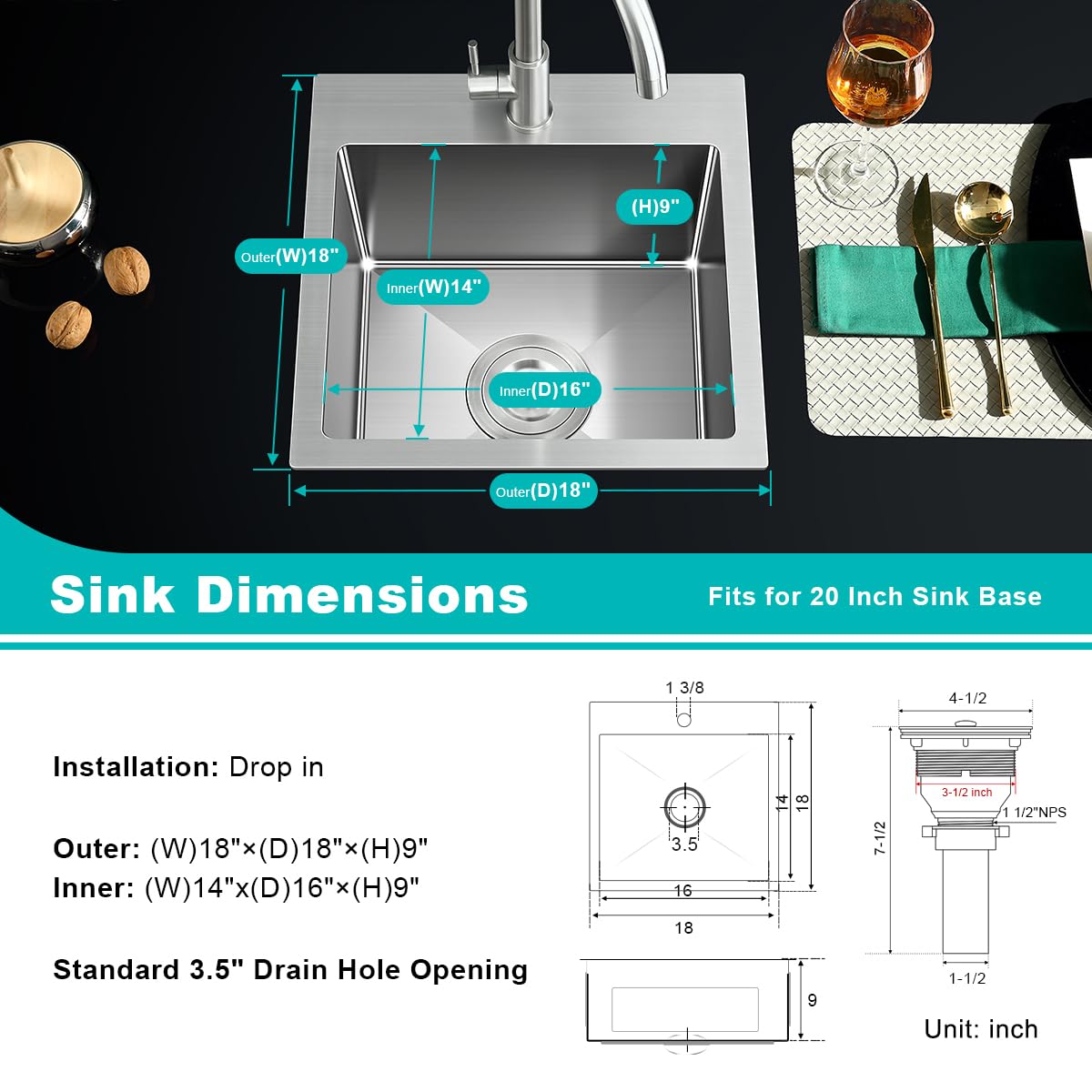 18 Inch Drop-in Kitchen Bar Sink - 18x18 Inch Single Hole Topmount Stainless Steel Sink, 18 Gauge Brushed Finish Single Bowl Bar Prep Sink - Perfect for Small Kitchens, Wet Bars & RV Campers