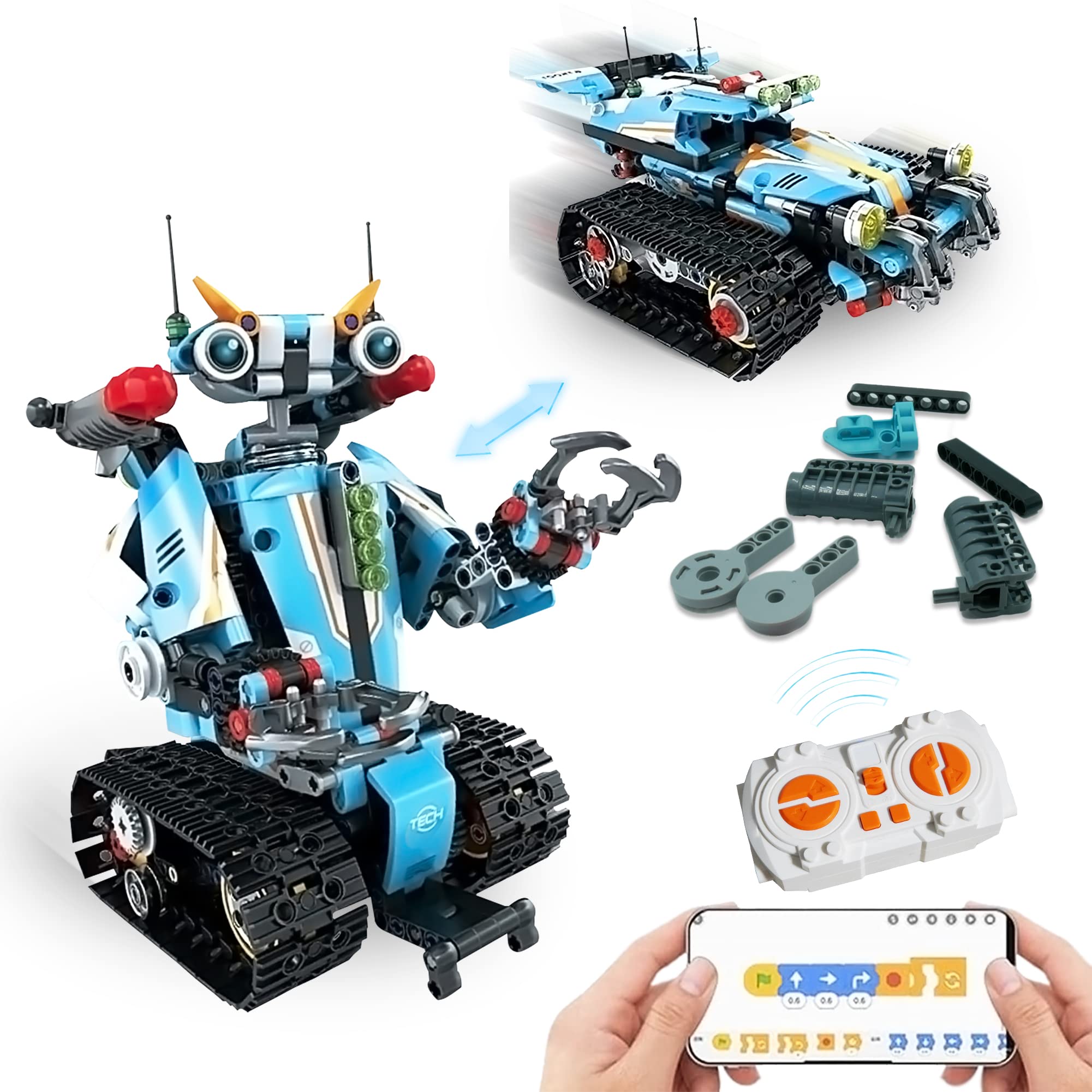 BGIUQD STEM Robot Kit for Kids - 2-in-1 APP Remote Control & Programmable Building Toy, Tank Transformer Science Kit with Blocks | Educational Birthday & Easter Gift for Boys & Girls | Perfect for STEM Learning, Creative Play & Family Bonding