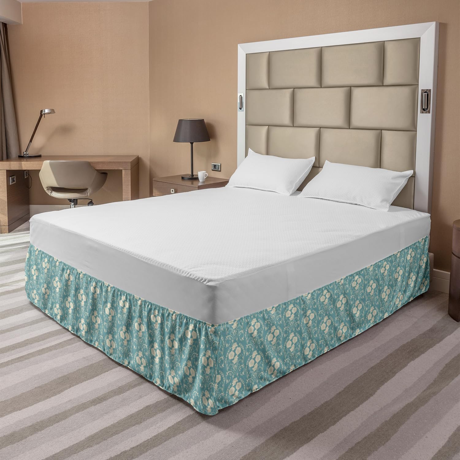 Ambesonne Elastic Bed Skirt King Size - Floral Rose Petals with Swirling Leaf & Stem Wreath Design, Wrap Around Dust Ruffle - Off White & Pale Teal for Bedroom Decor | Perfect for Master Bedroom, Guest Room & Luxury Hotel Styling