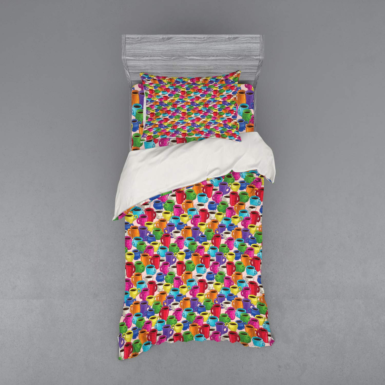Ambesonne Cartoon Duvet Cover Set - Colorful Vintage Coffee House Print 3-Piece Bedding Set with Sham & Fitted Sheet, Twin Size, Multicolor - Perfect for Kids' Rooms, Dorm Decor & Retro Themed Bedrooms