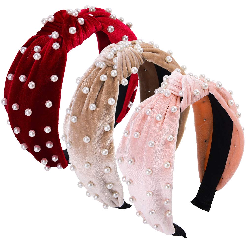 3 Pack Vintage Velvet Headbands for Women - Wide Braided Headband with Faux Pearl Knot, Turban Style Hair Accessories for Girls & Women | Perfect for Weddings, Parties, and Everyday Fashion