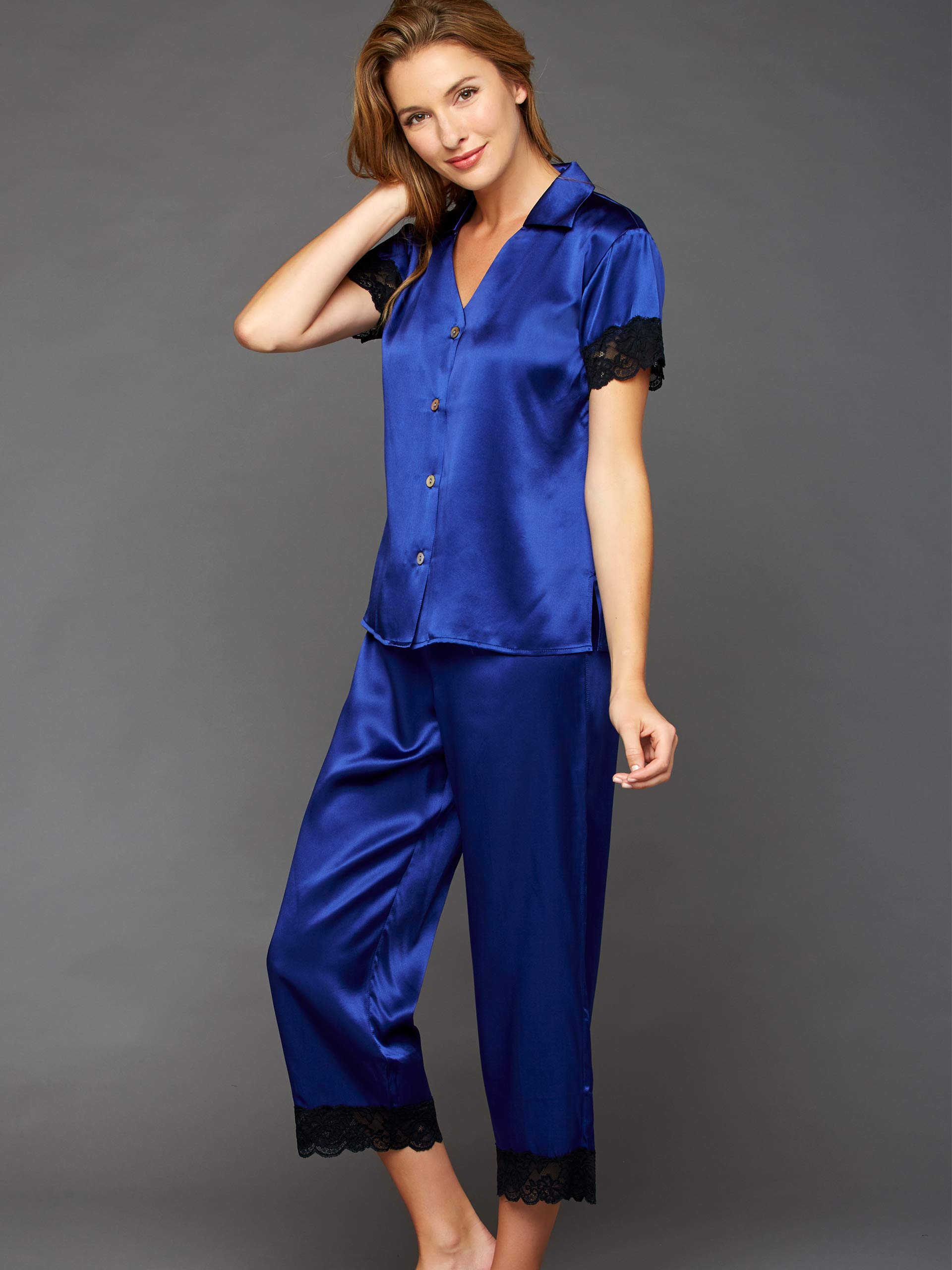 Luxury 100% Silk Pajama Set for Women - Elegant Lace Trim Cropped Sleepwear | Tresor Delice | Perfect for Bridal Shower, Honeymoon & Romantic Getaways